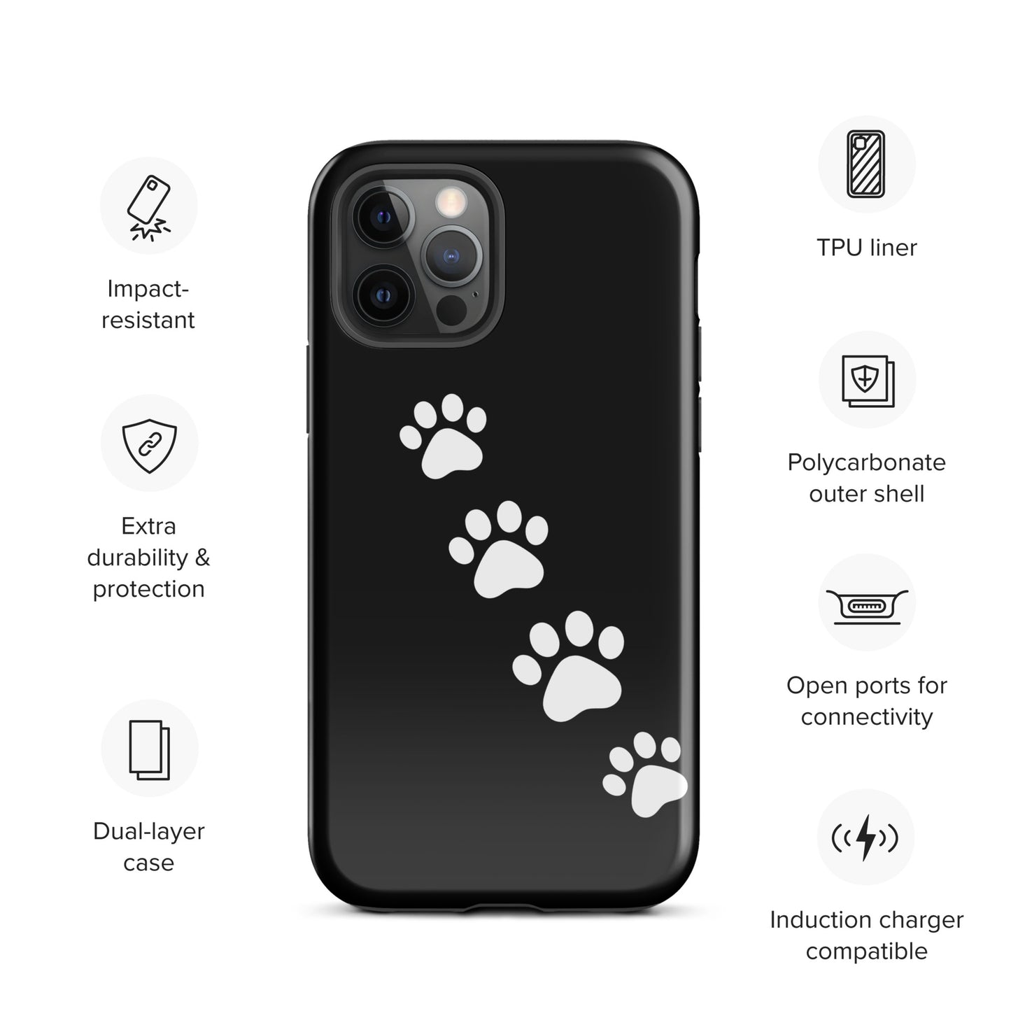 Phone case with paw-print trail design for iPhone, featuring crisp white paw prints on a sleek black background, ideal for pet lovers.