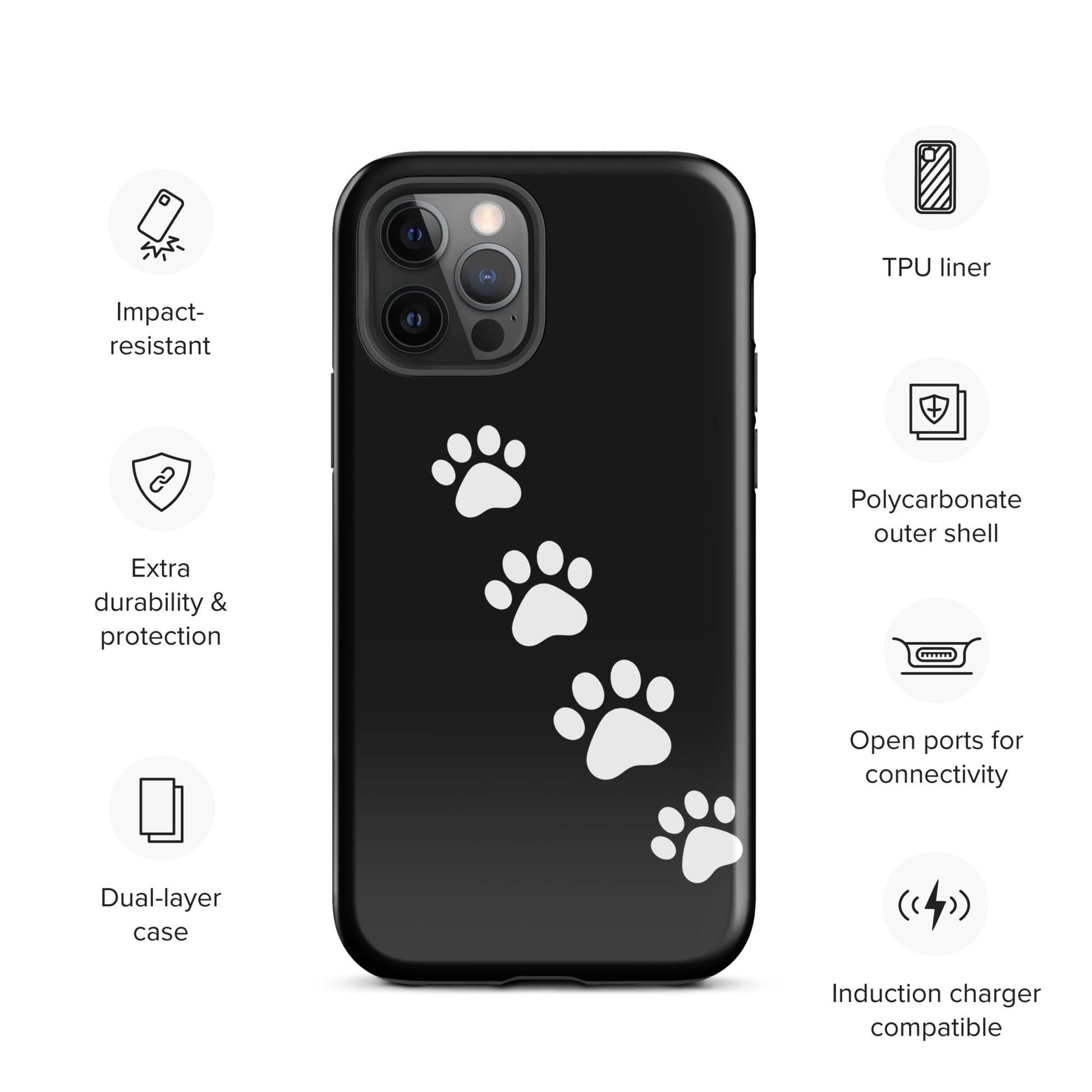 Phone case with paw-print trail design for iPhone, featuring crisp white paw prints on a sleek black background, ideal for pet lovers.