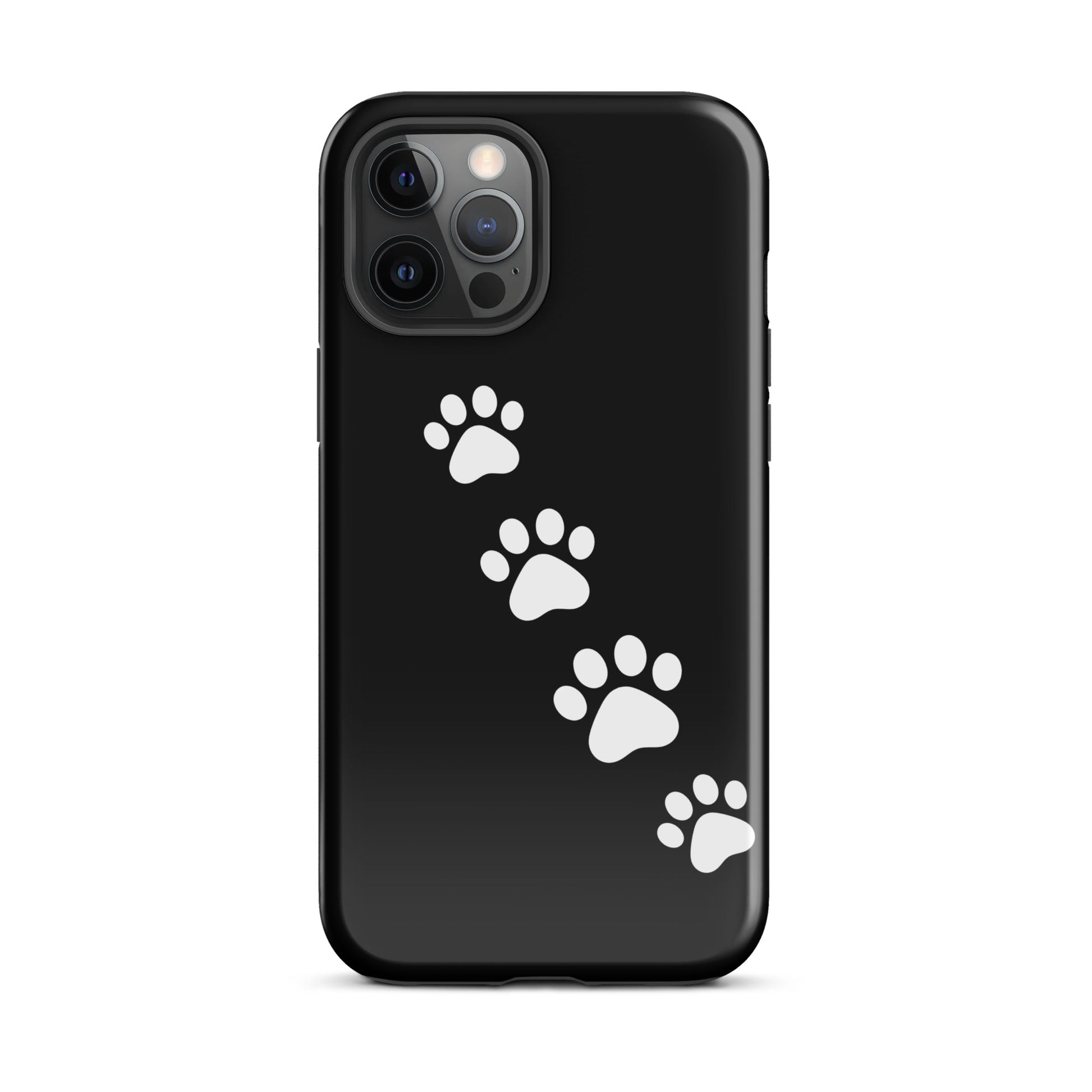 Phone case with white paw-print trail design for iPhone, perfect for playful pet lovers. Sleek and modern black background.