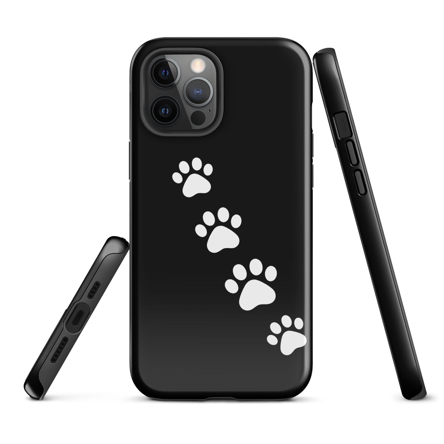 Phone case for iPhone with white paw-print trail design on black background, ideal for pet lovers seeking a playful and modern accessory.