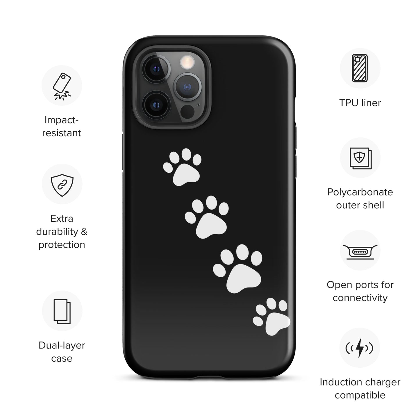 Phone case with paw-print trail design for iPhone, featuring white paw prints on black background.