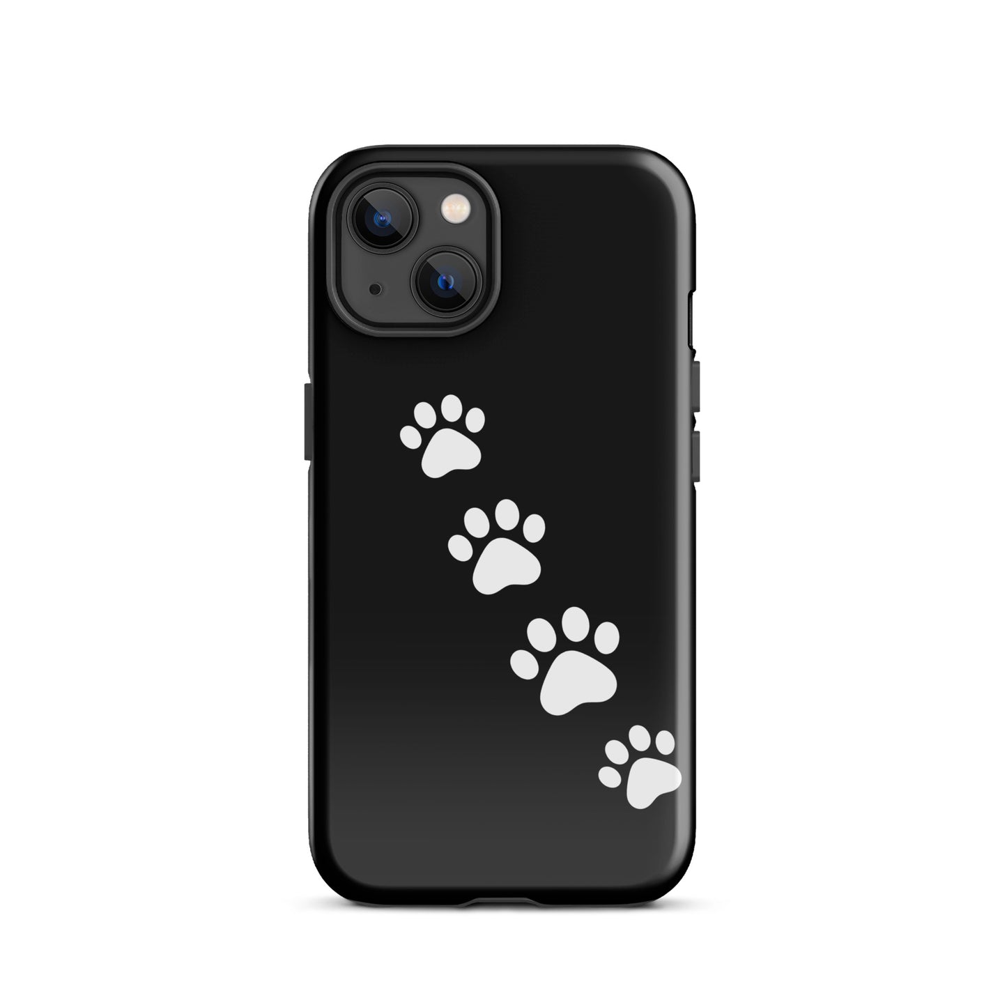 Phone case with paw-print trail design for pet lovers, featuring white paw prints on a sleek black background.