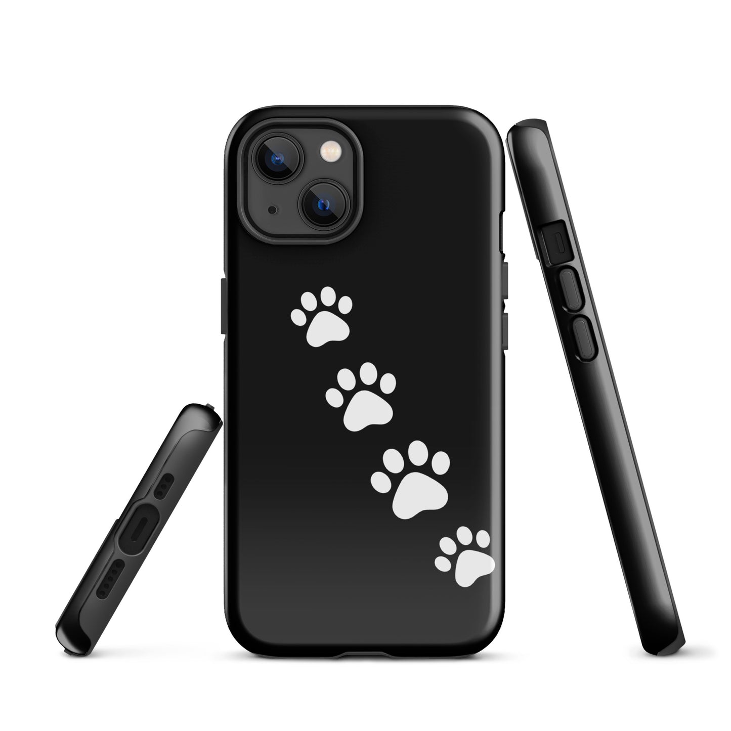 Phone case featuring white paw-print trail on black background for pet lovers.