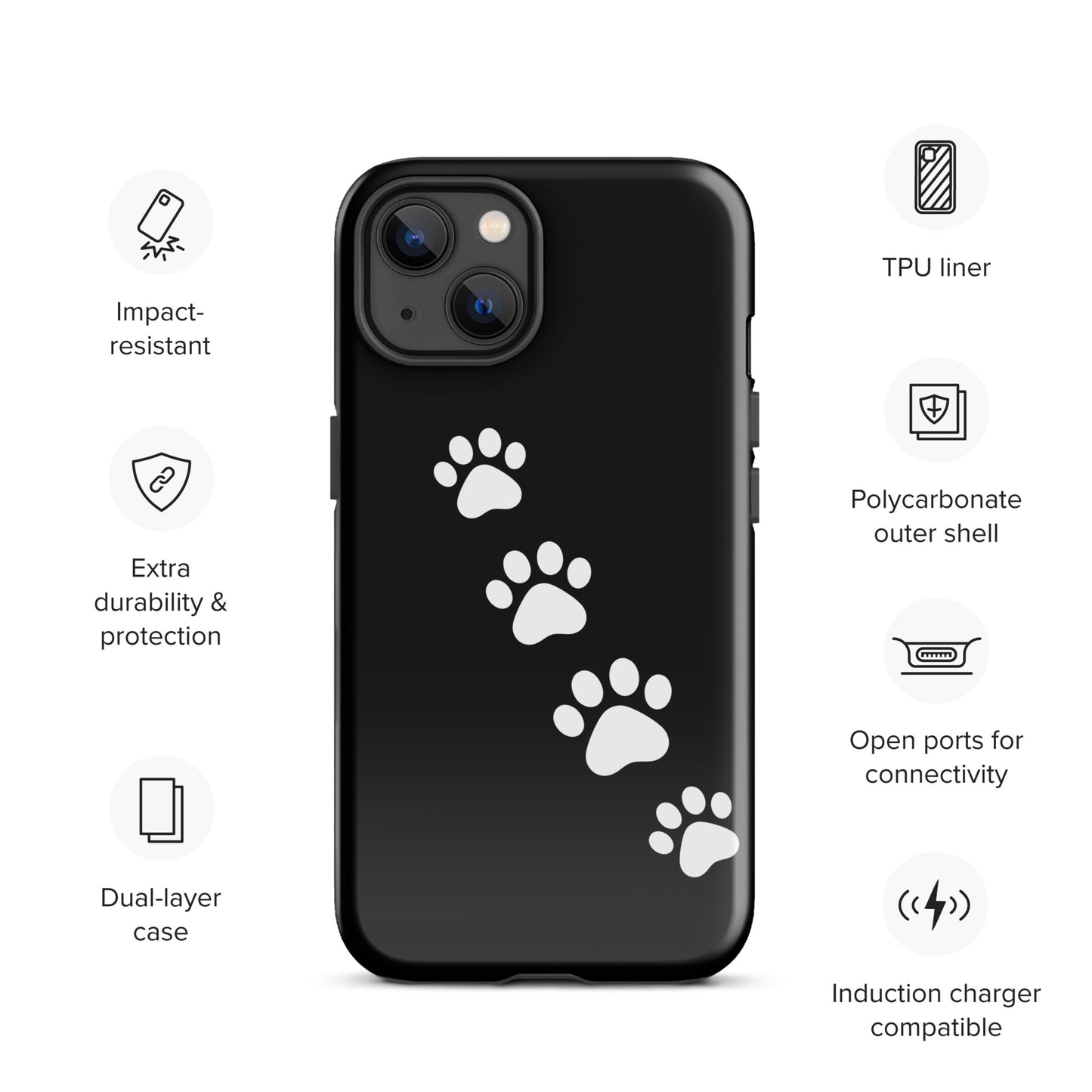 Phone case for iPhone with paw-print trail design for pet lovers, featuring impact-resistant and durable polycarbonate shell.