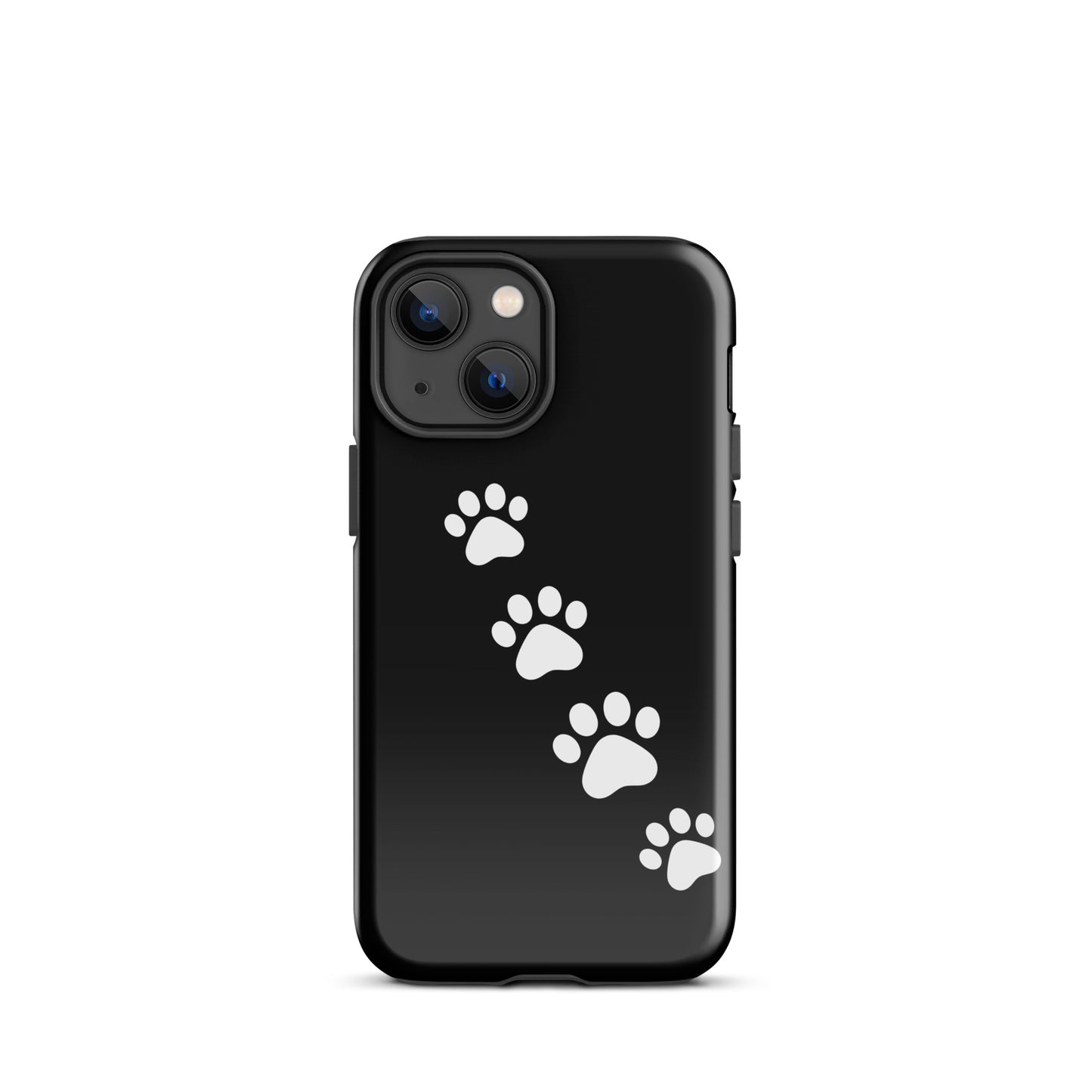 Phone case with paw-print trail design for pet lovers, black background with white paw prints, perfect for iPhone users.