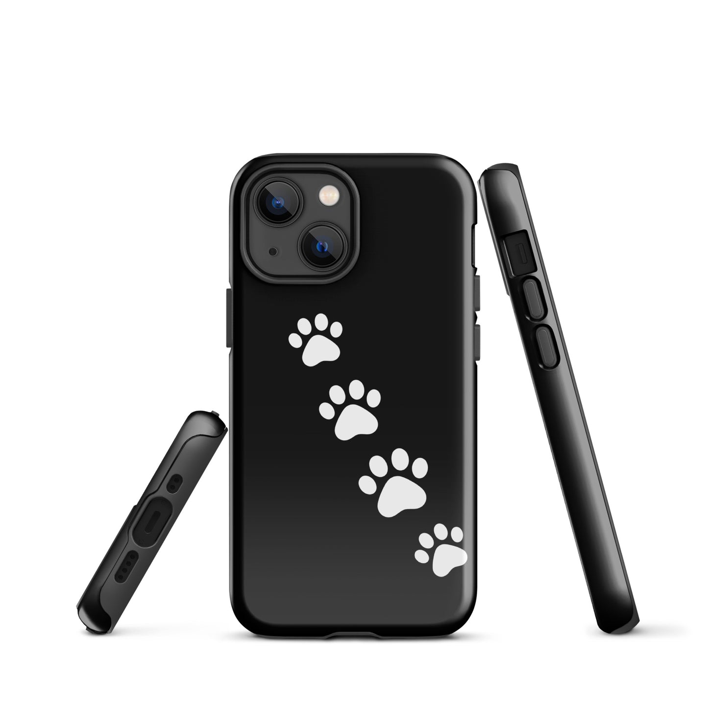 Phone case featuring white paw-print trail design on a sleek black background, perfect for playful pet lovers with iPhone.