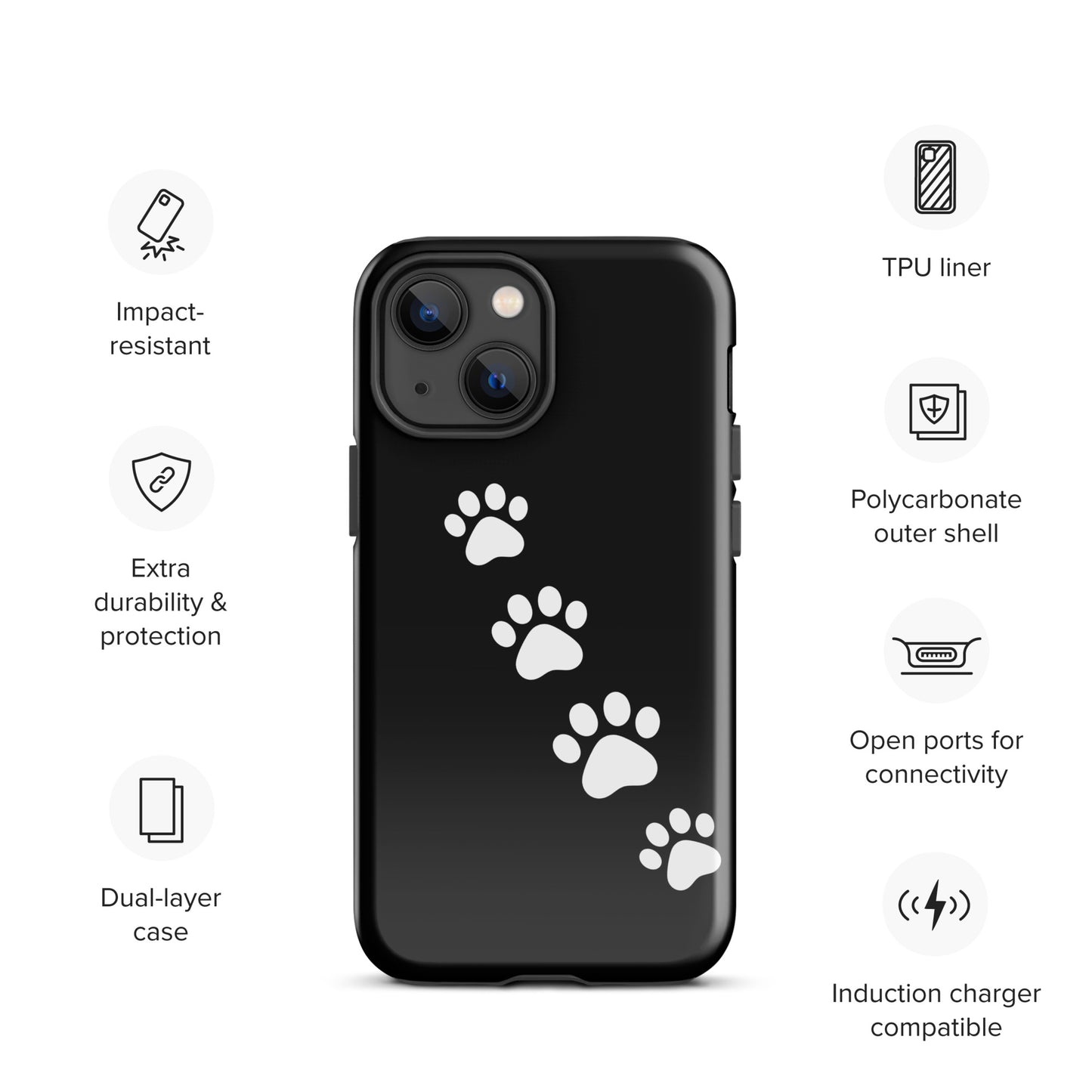 Phone case with paw-print trail design for pet lovers; impact-resistant, dual-layer, TPU liner, polycarbonate shell.