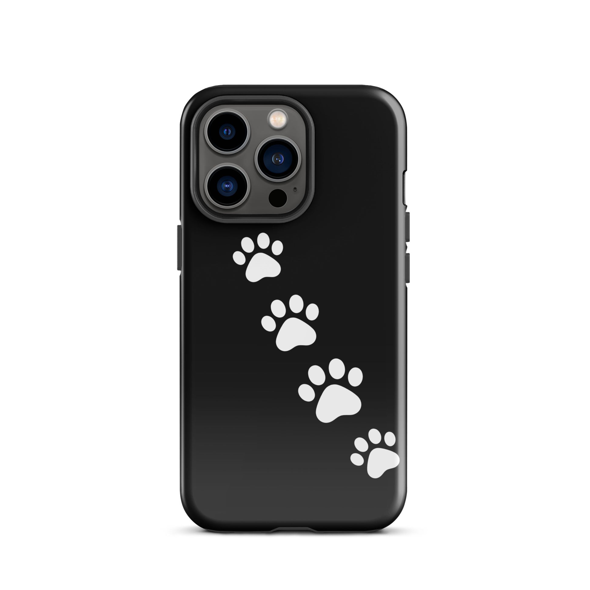Phone case with paw-print trail design for iPhone, featuring white paw prints on black background for pet lovers.