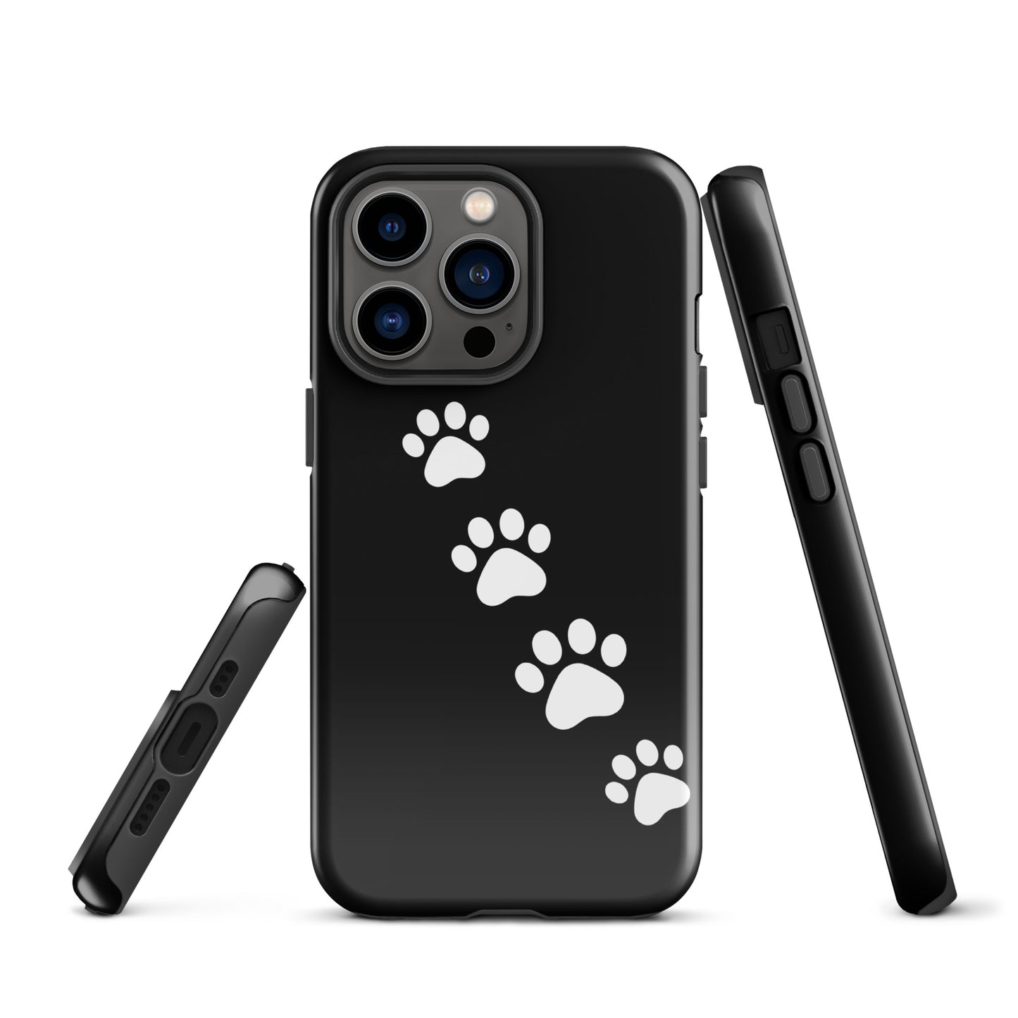Phone case with white paw-print trail design for iPhone, ideal for playful pet lovers.