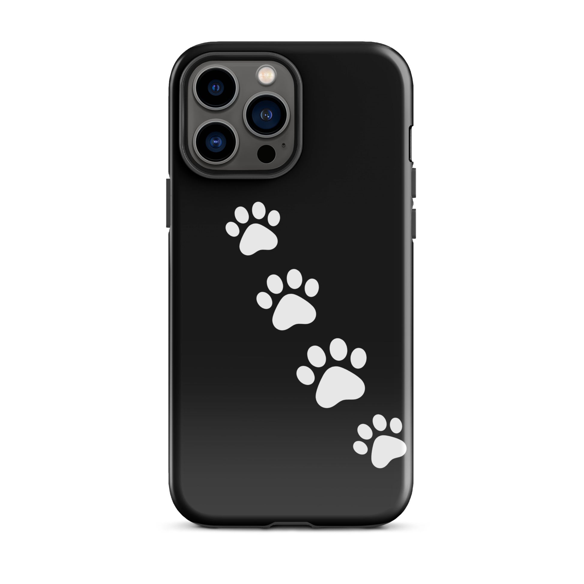 Phone case with paw-print trail design on sleek background for pet lovers.