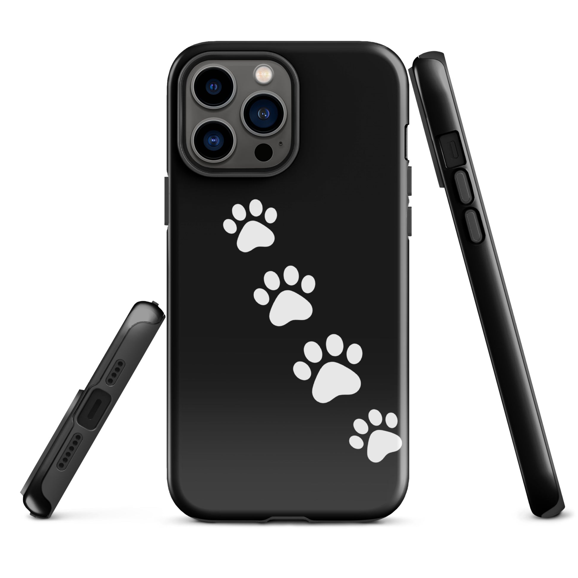 Phone case with white paw-print trail design on black background for pet lovers, fits iPhone.