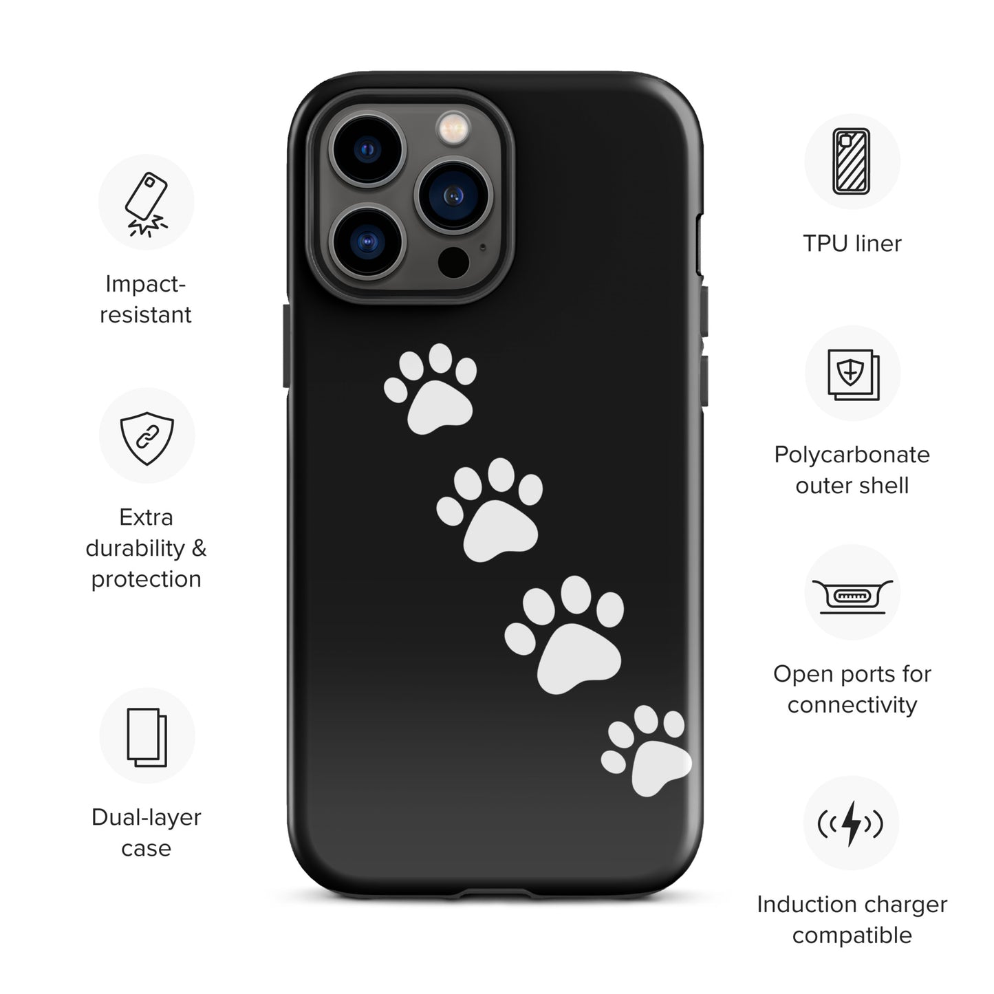 Phone case with white paw print trail design for pet lovers, featuring impact resistance and dual-layer protection.