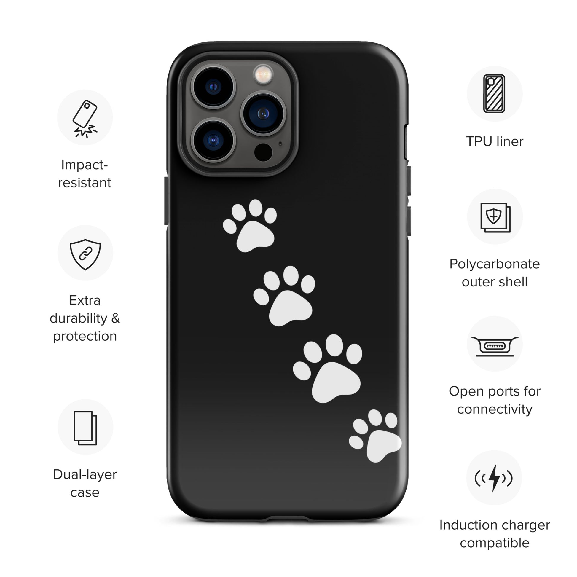 Phone case with white paw print trail design for pet lovers, featuring impact resistance and dual-layer protection.
