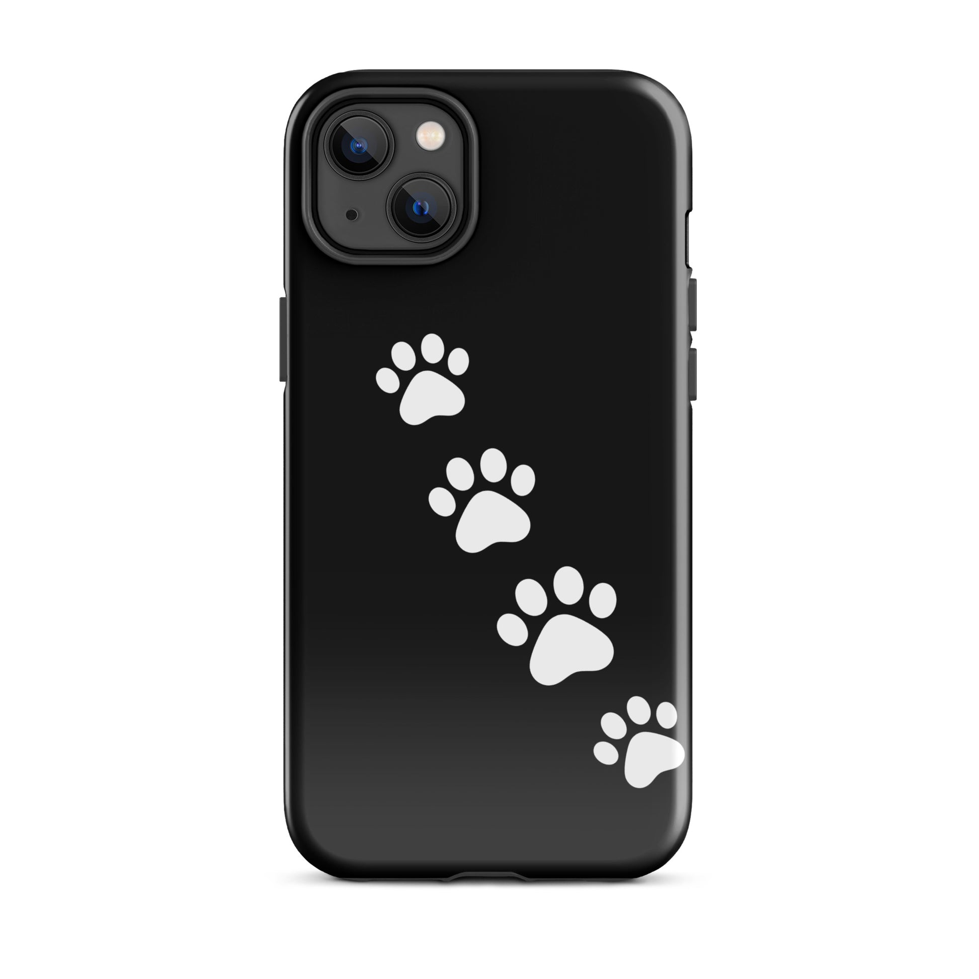 Phone case with white paw-print trail design for pet lovers, perfect for iPhone users seeking a playful and modern look.
