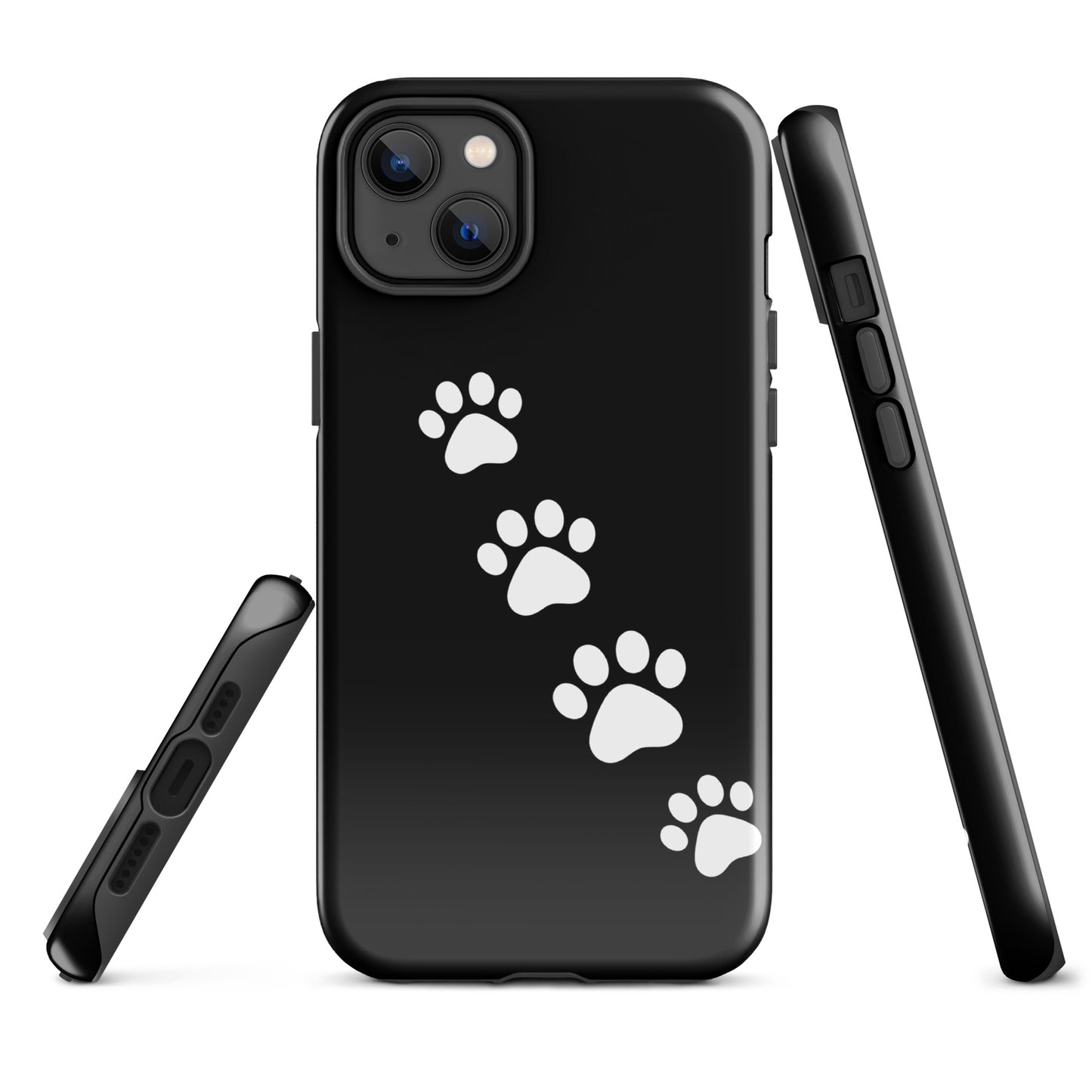Phone case with paw-print trail design on black iPhone cover for pet lovers.