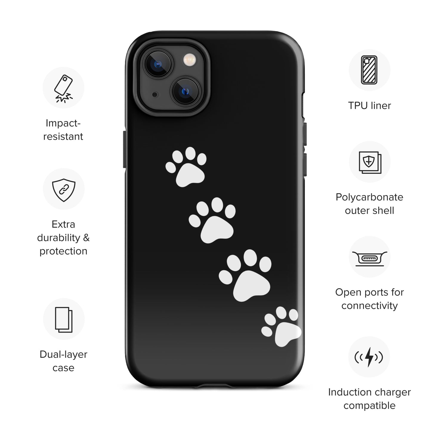 Phone case with paw-print trail design, featuring white paw prints on a sleek black background for iPhone.
