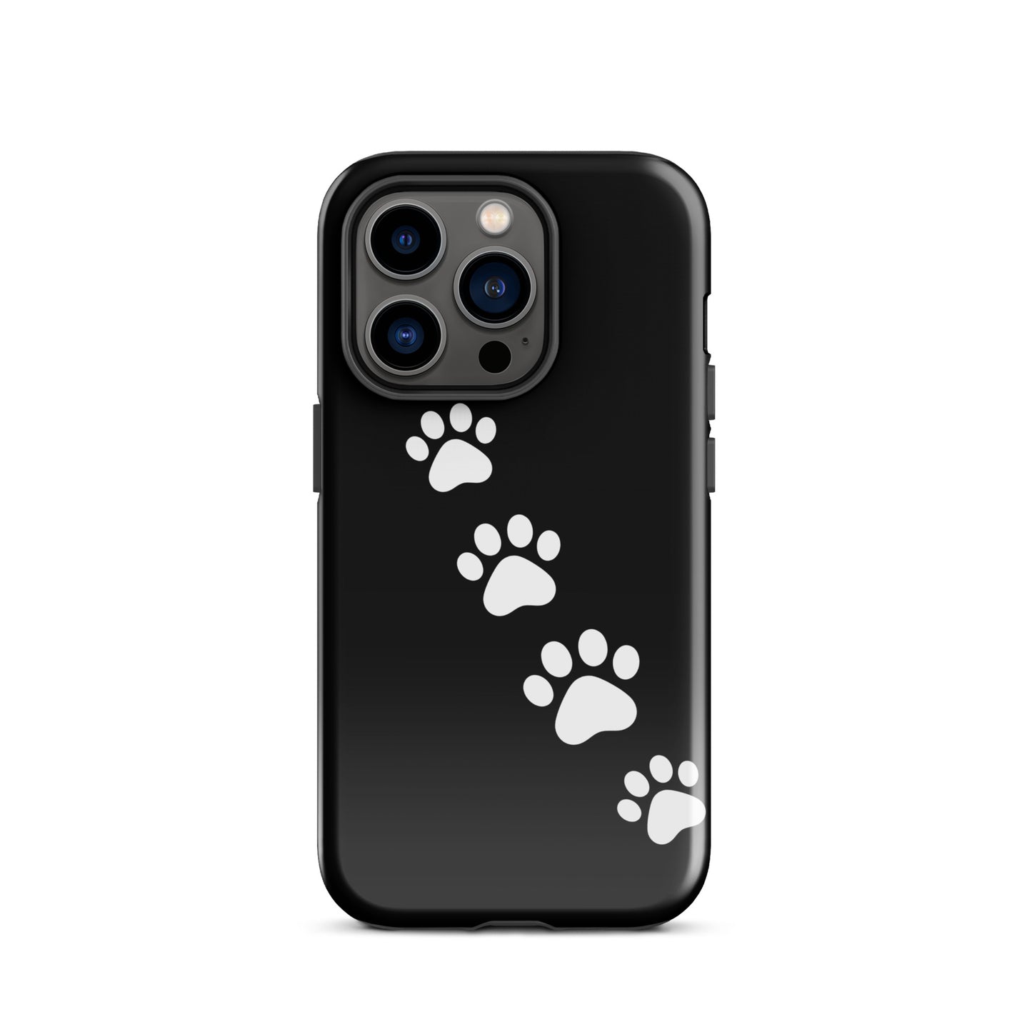 Phone case with white paw-print trail design for iPhone, perfect for playful pet lovers.