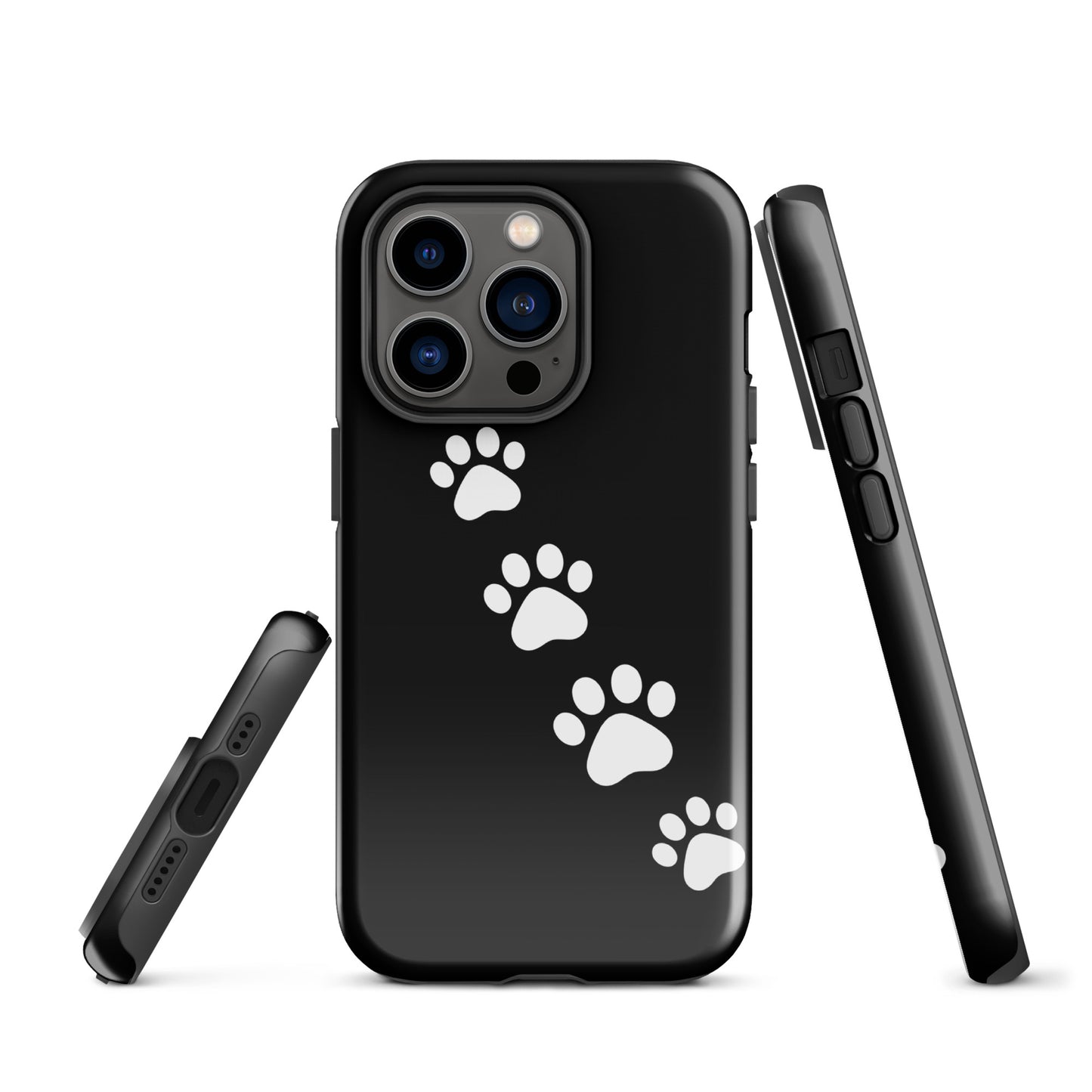 Phone case with white paw-print trail design for iPhone, perfect for pet lovers, featuring a sleek black background and playful prints.