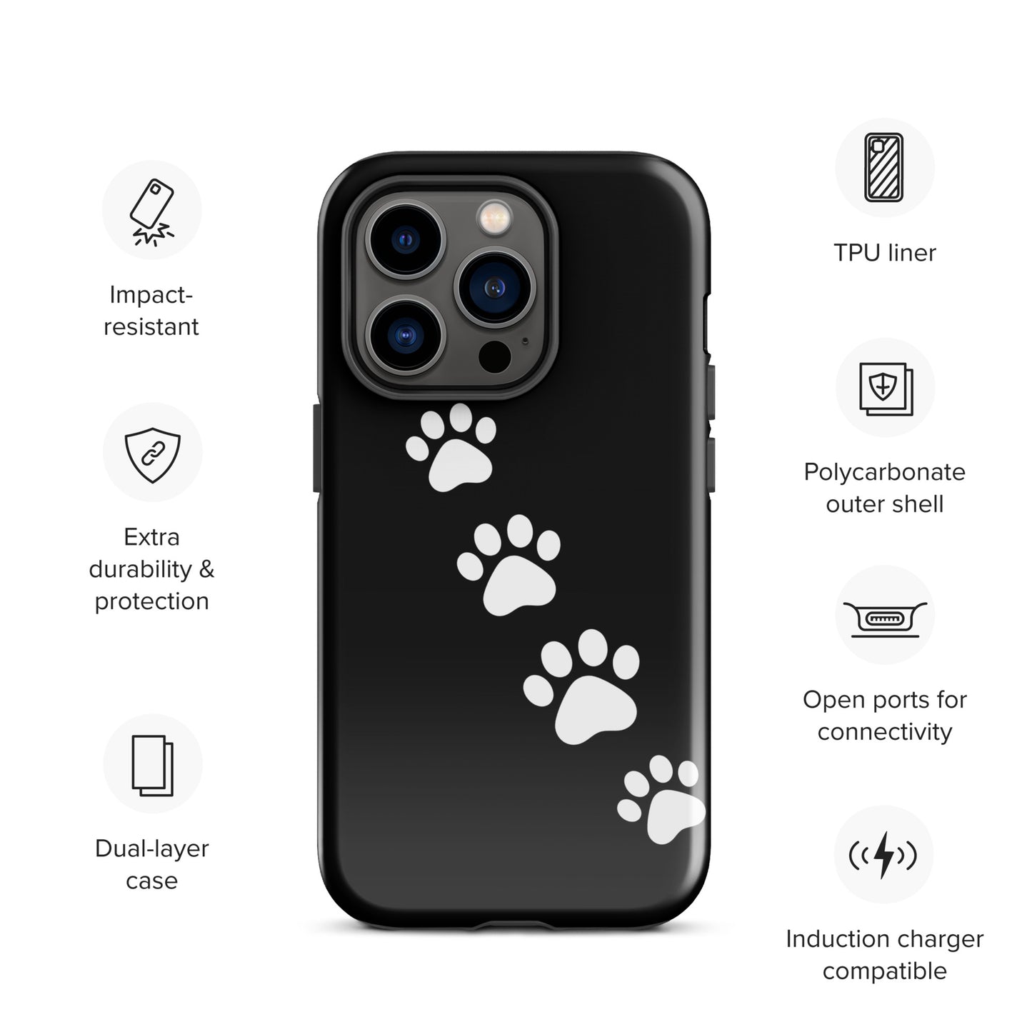 Phone case with white paw-print trail design for pet lovers, featuring sleek, impact-resistant, dual-layer protection for iPhone.