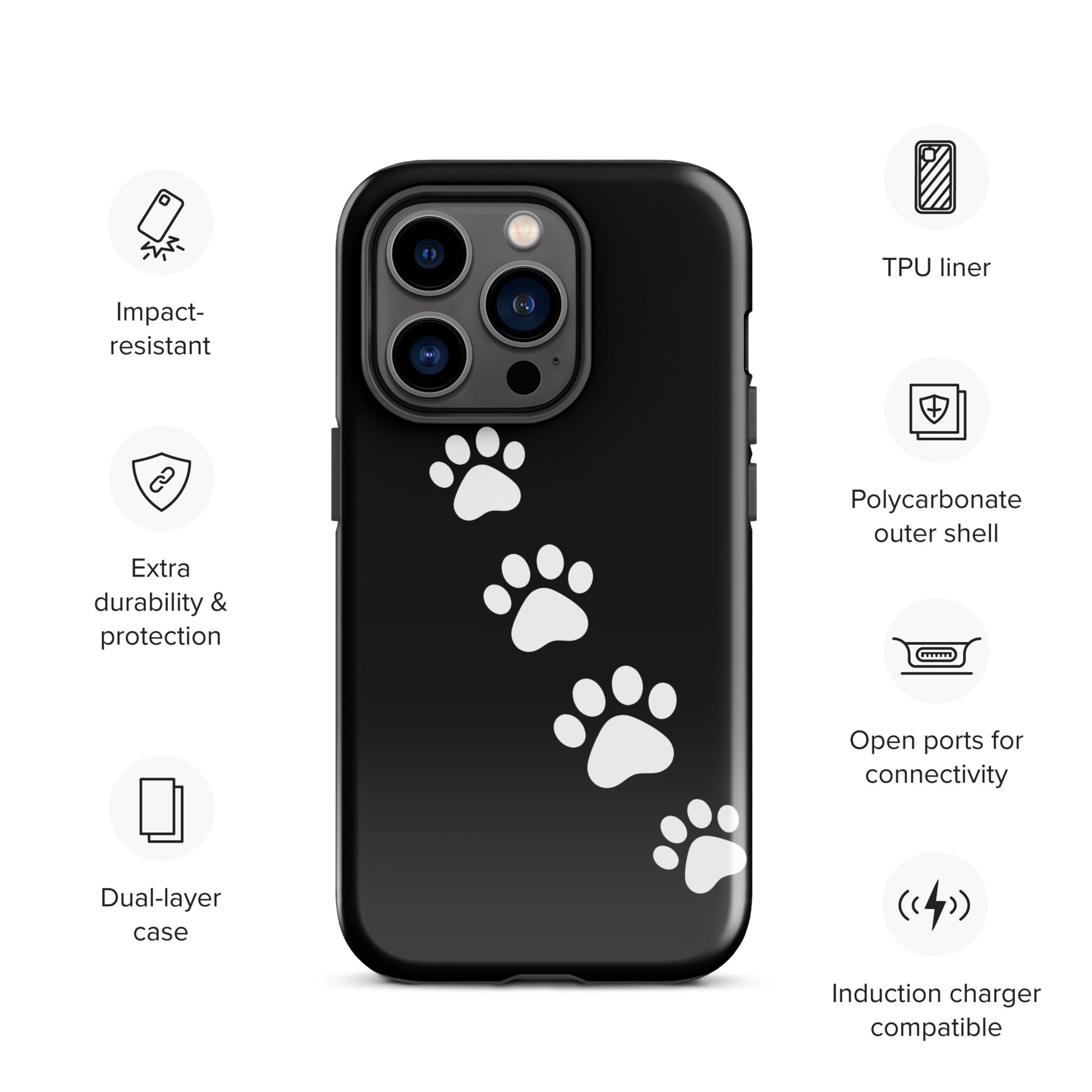 Phone case with white paw-print trail design for pet lovers, featuring sleek, impact-resistant, dual-layer protection for iPhone.