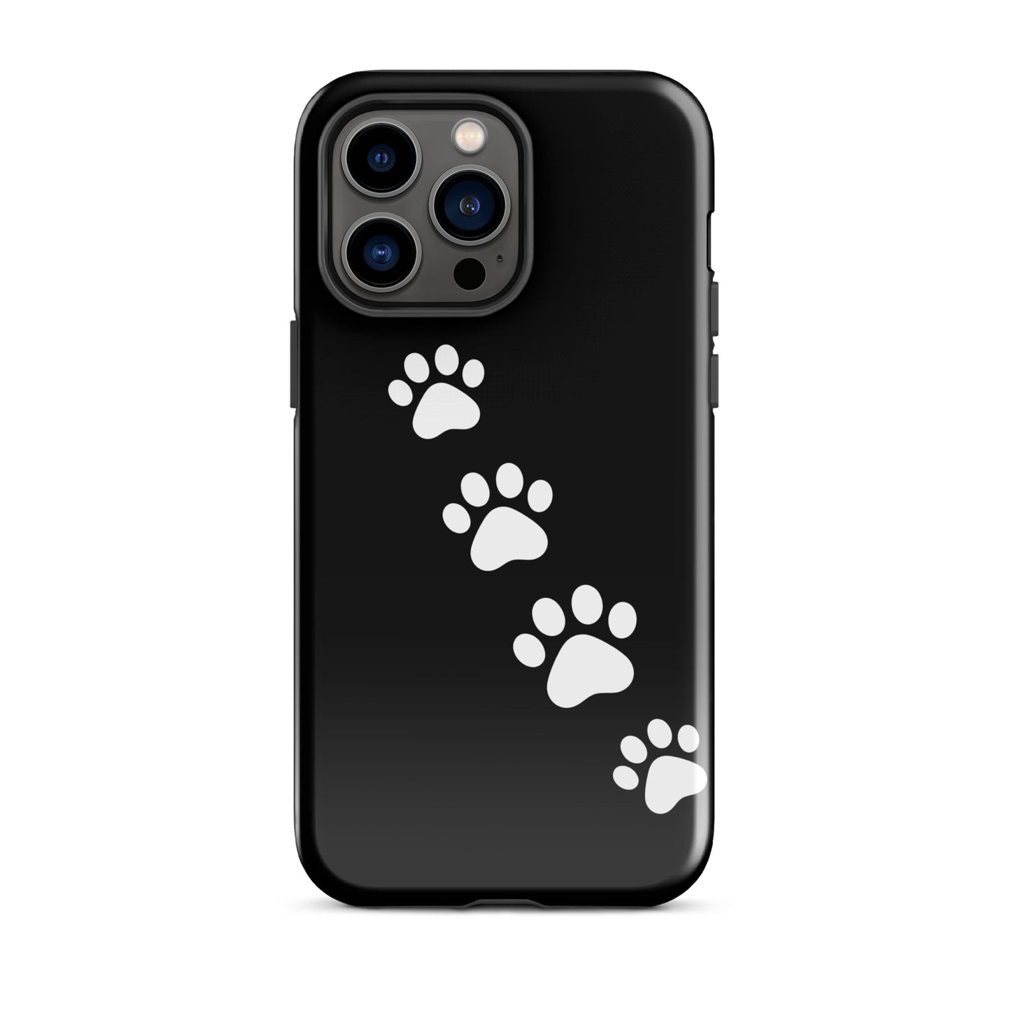 Phone case with paw print trail design for pet lovers, featuring diagonal white paw prints on a black background for iPhone.