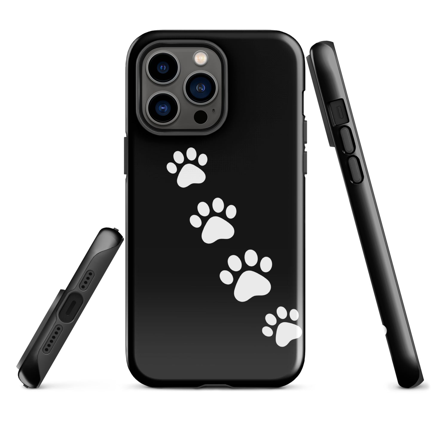 Phone case with white paw-print trail design for pet lovers, fits iPhone, playful and modern accessory.