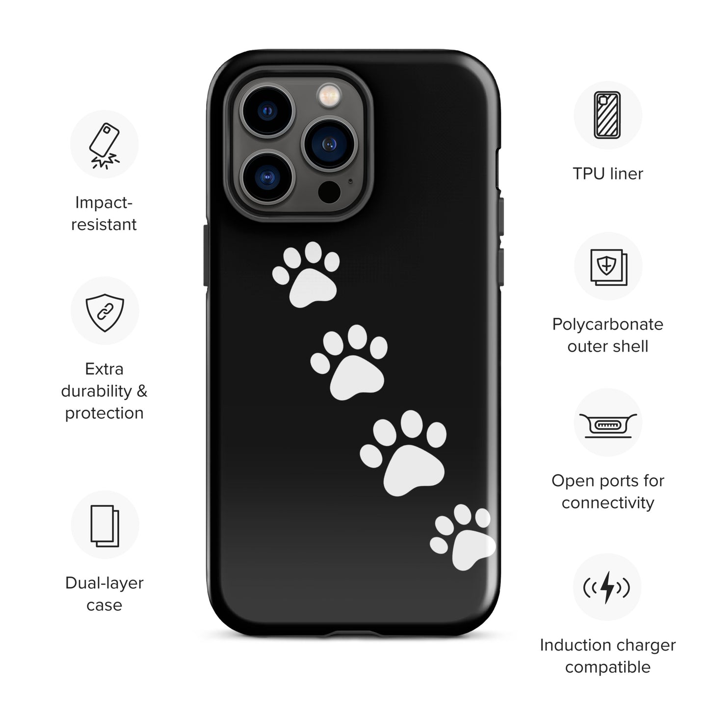 Phone case with playful paw-print trail design for pet lovers on iPhone, featuring impact-resistant and dual-layer protection.