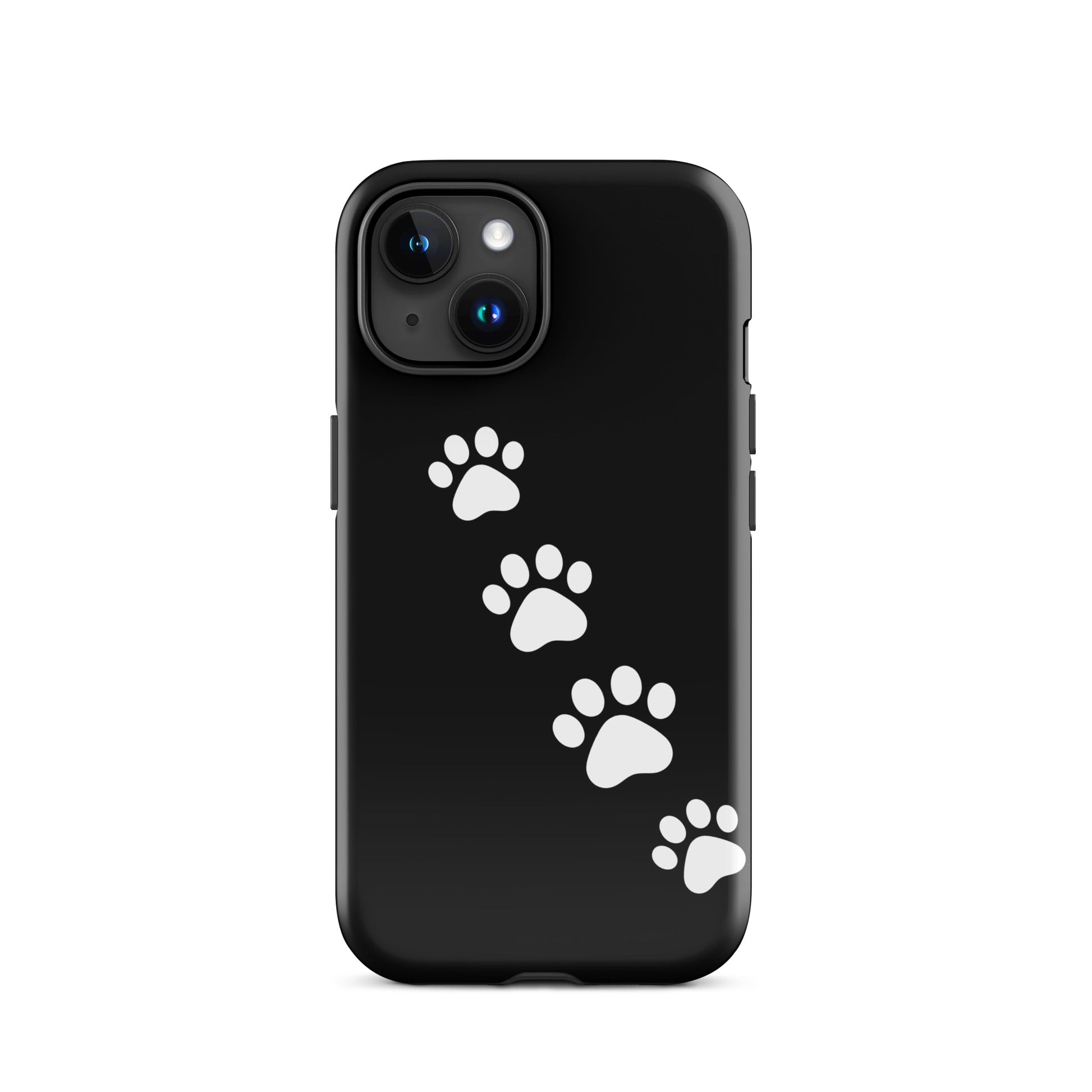 Phone case with paw-print trail design for iPhone, featuring white paw prints on a sleek black background for pet lovers.