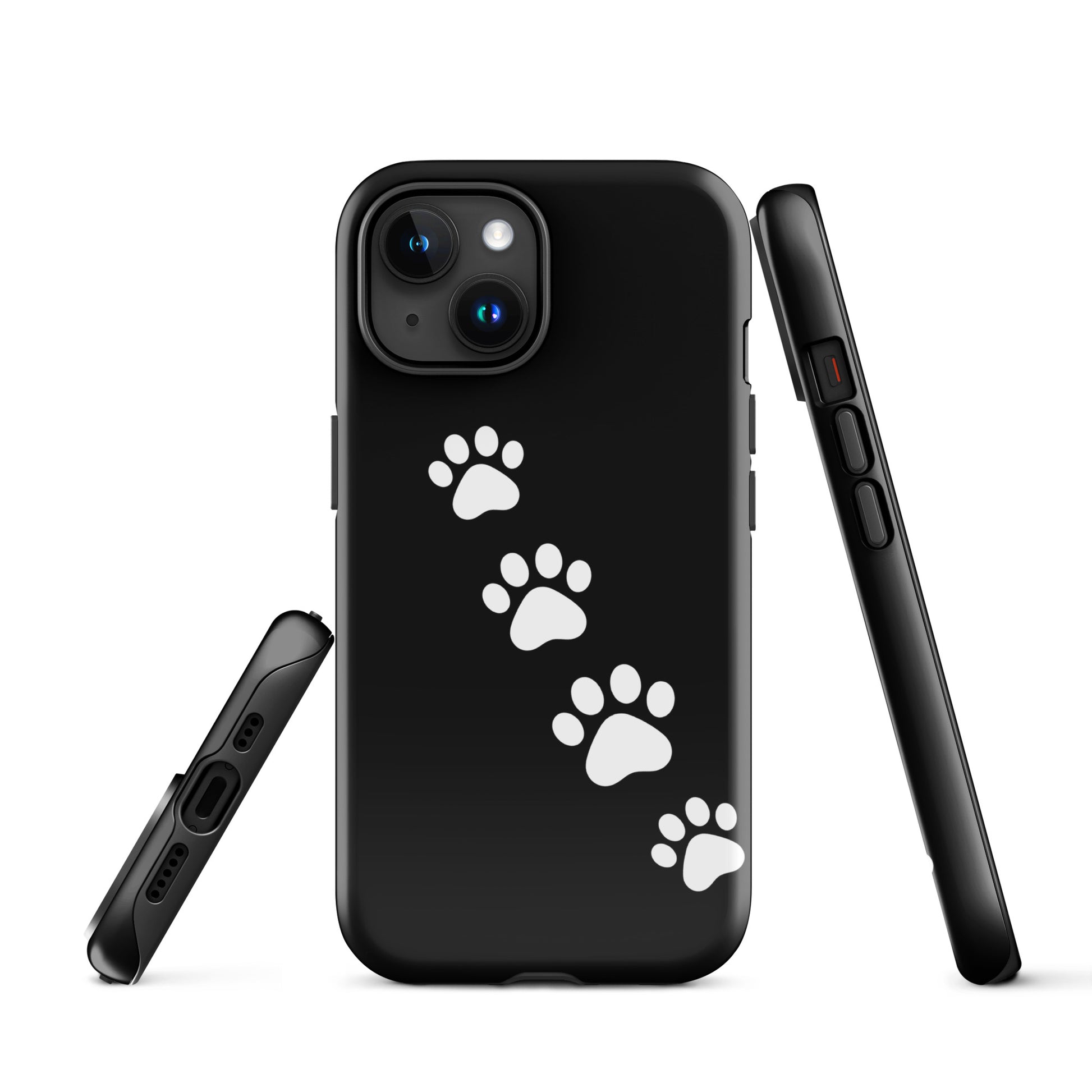 Phone case for iPhone with white paw-print trail design on black background, perfect for playful pet lovers.