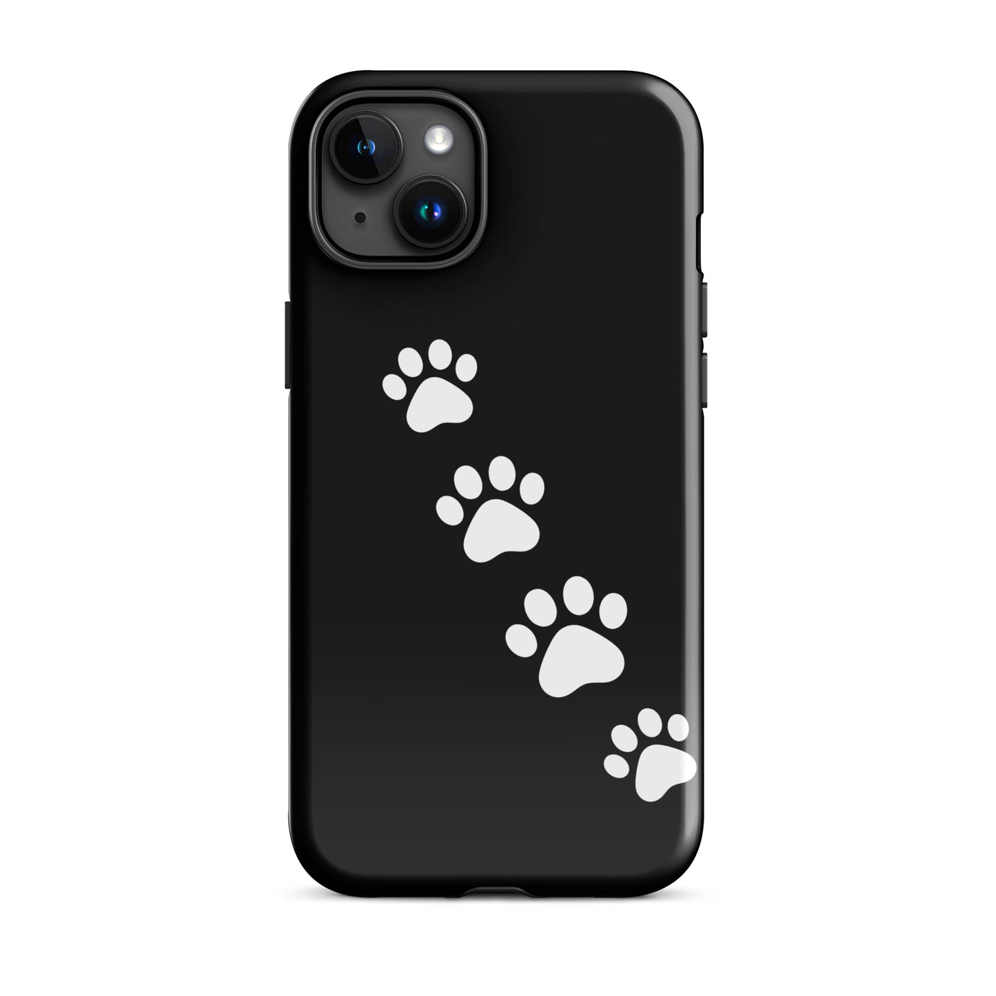 Phone case with white paw-print trail design for pet lovers, compatible with iPhone, showcasing playful and stylish pattern.