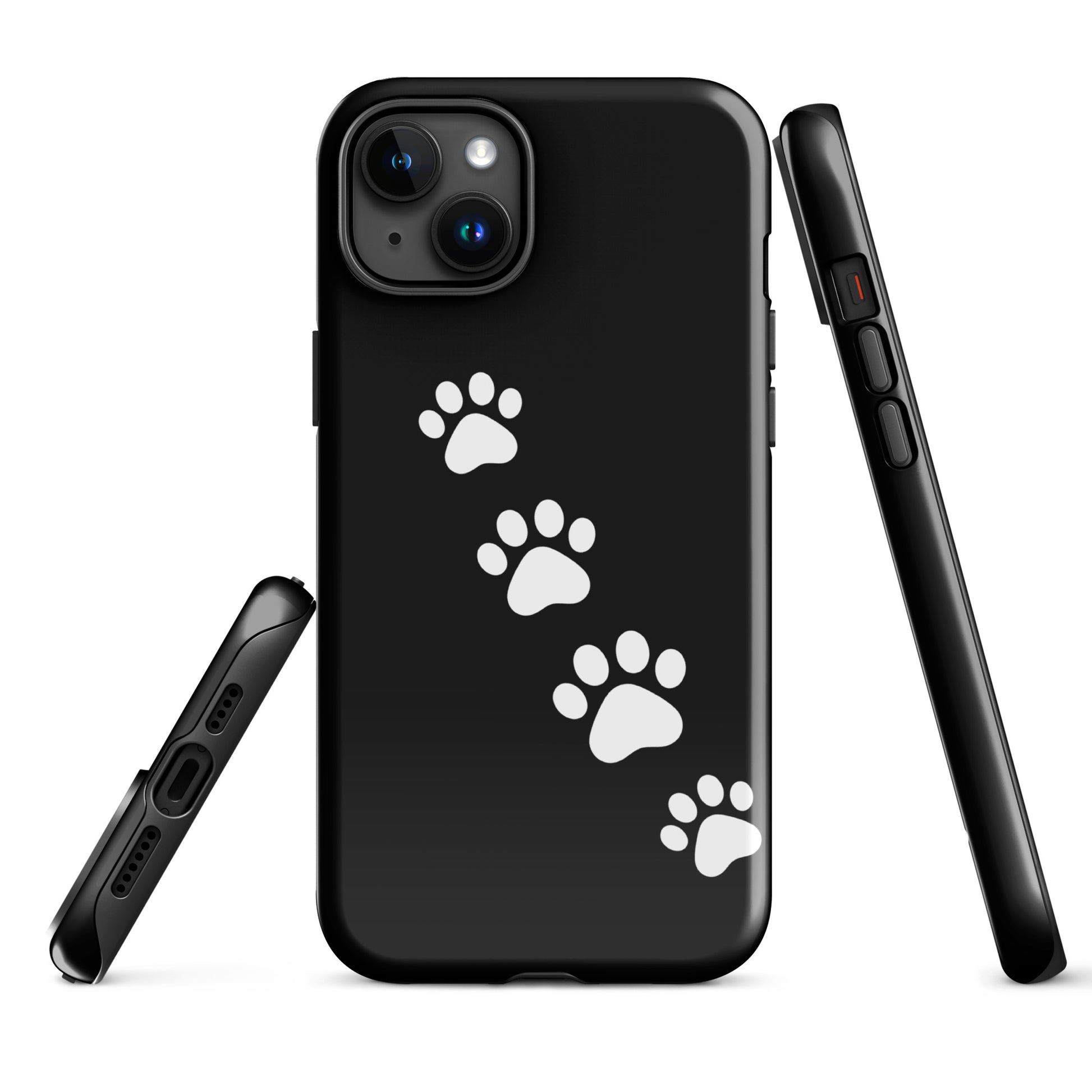 Phone case with paw-print trail design for pet lovers, featuring white paw prints on a black background, playful and modern.