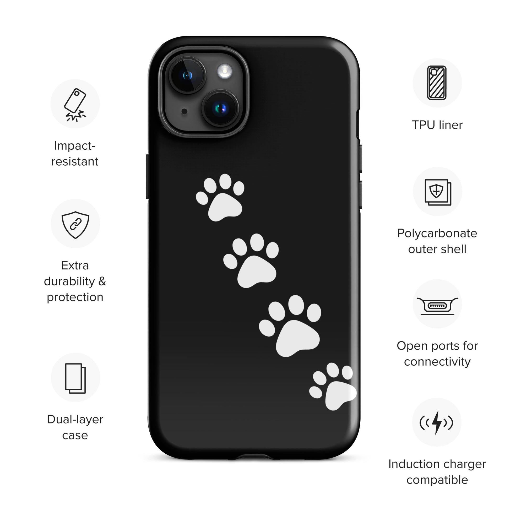 Phone case with paw‑print trail design for pet lovers, black TPU liner and polycarbonate shell for durability and style.