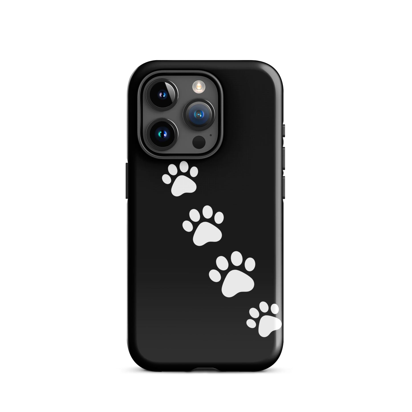 Phone case with diagonal white paw print trail on black for pet lovers.
