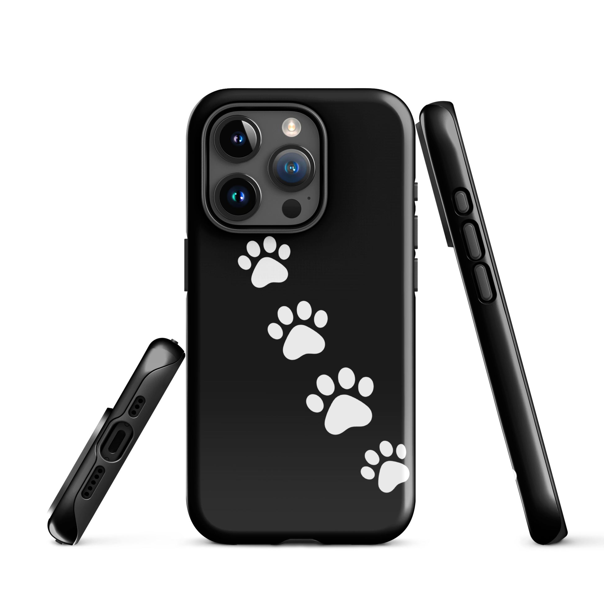 Phone case with white paw-print trail design for iPhone, perfect for pet lovers seeking playful and modern style.