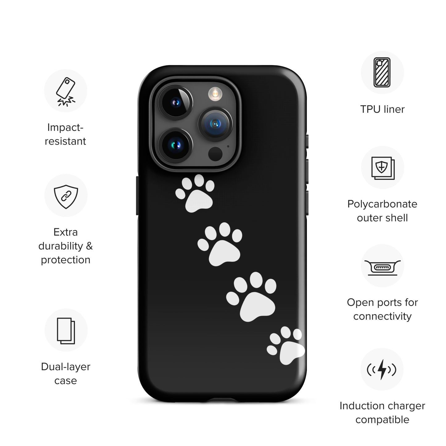 Phone case with paw print trail design for iPhone, featuring durable polycarbonate shell and TPU liner, ideal for pet lovers.