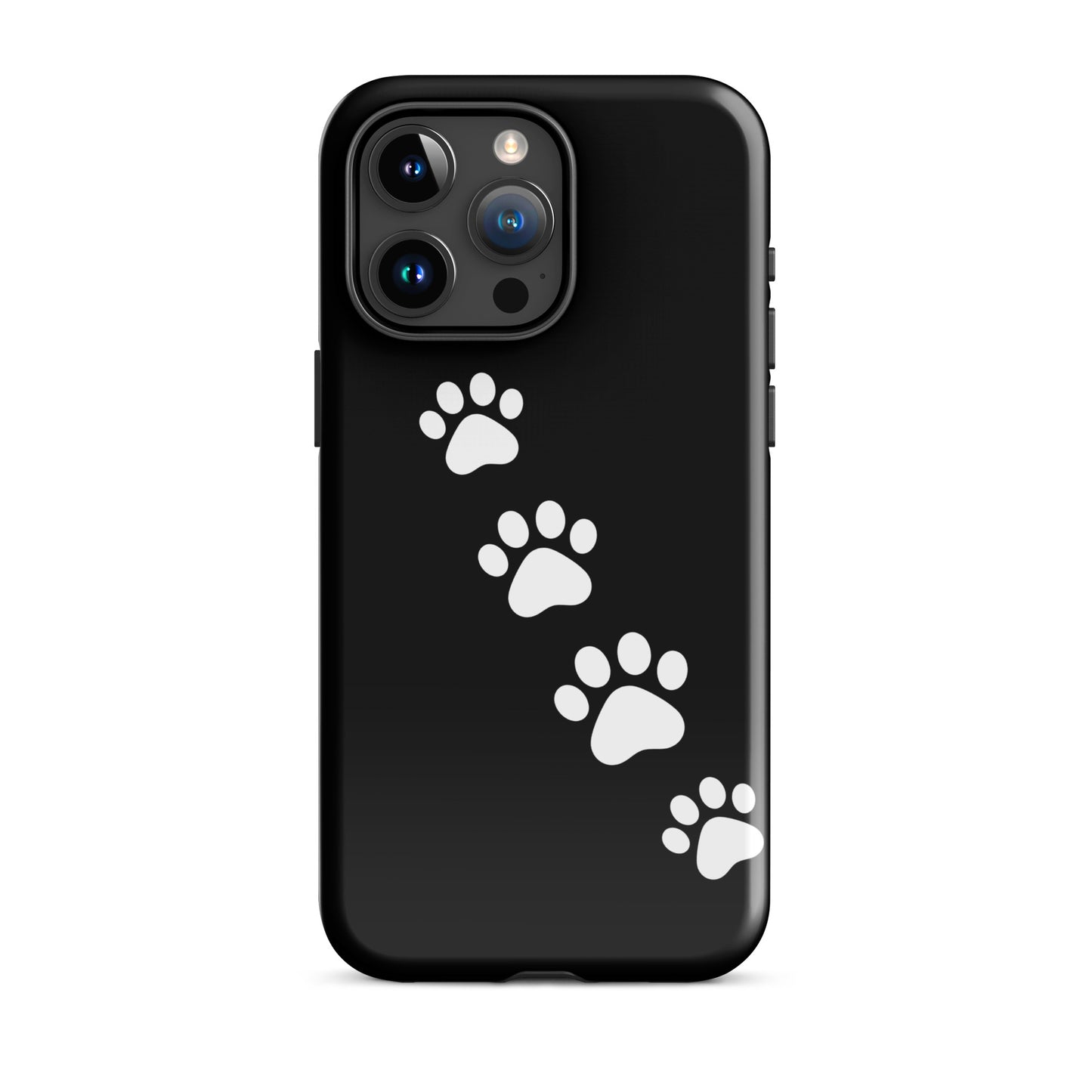 Phone case with paw print trail design for pet lovers, featuring white paw prints on a black background, ideal for iPhone protection.