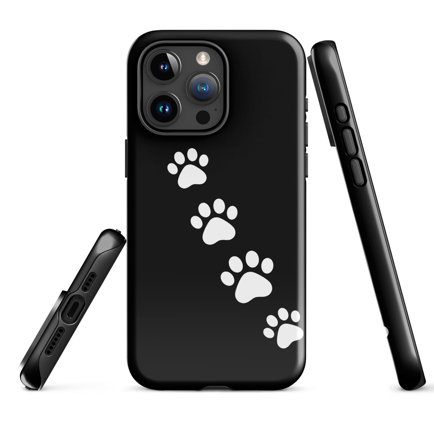 Phone case with paw-print trail design on sleek black background for pet lovers.