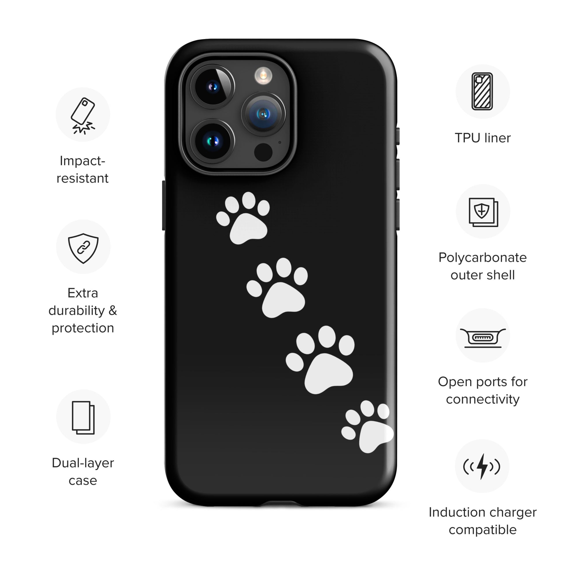 Phone case with paw-print trail design on black background for pet lovers, featuring white paw prints and compatibility icons.