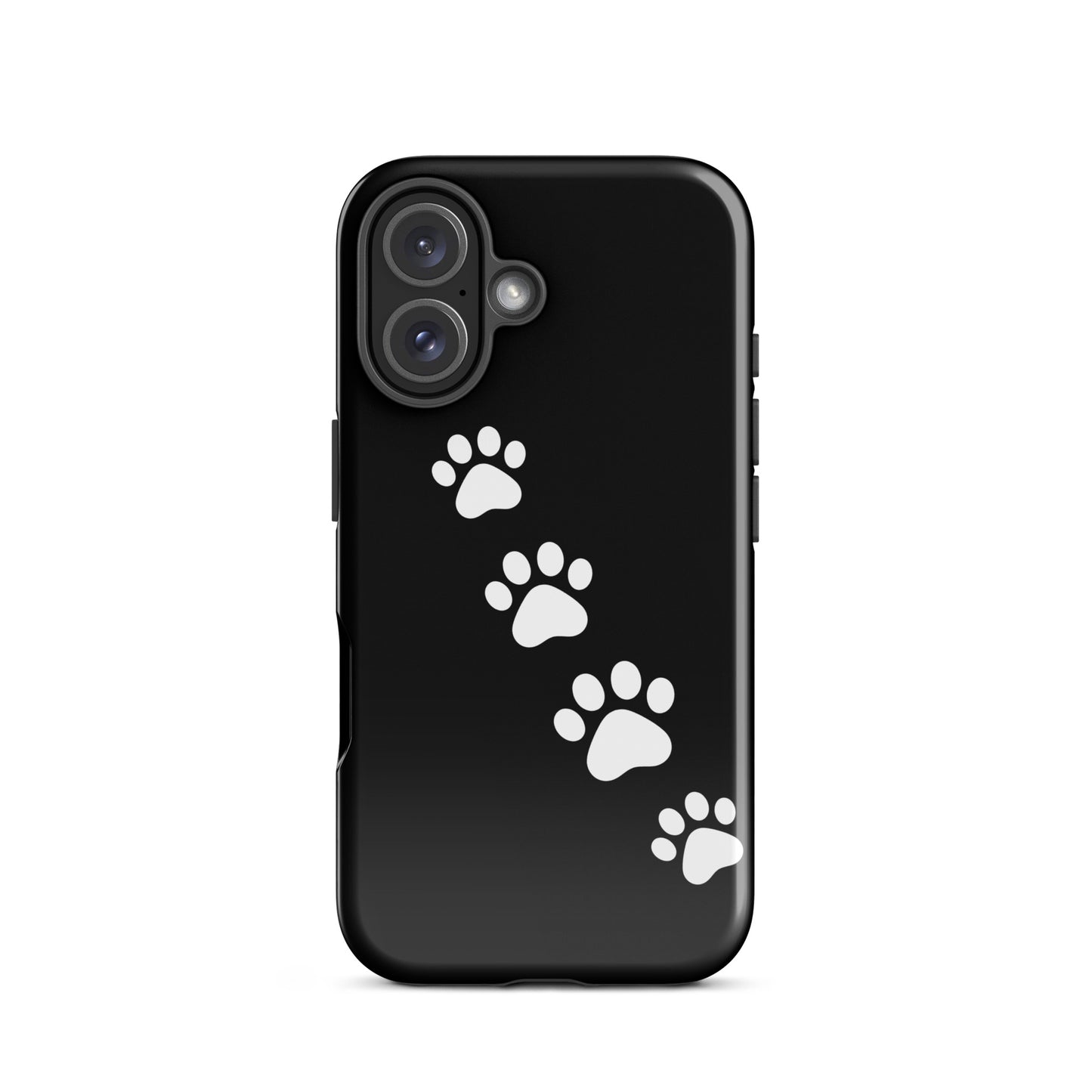 Phone case with paw-print trail design for pet lovers, featuring white paw prints on a sleek black background, iPhone compatible.
