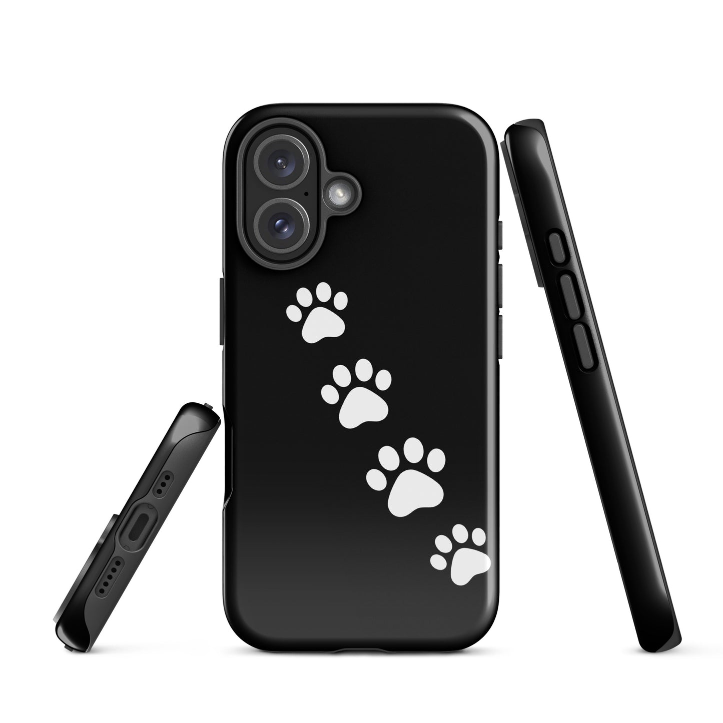 Phone case with white paw-print trail design on black background for pet lovers.
