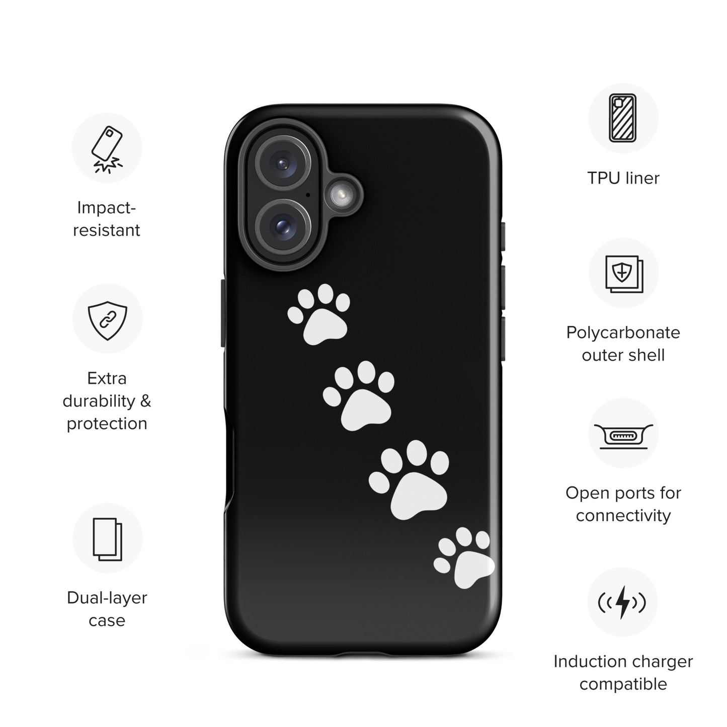 Phone case with white paw-print trail design on black for pet lovers, impact-resistant dual-layer for iPhone, with connectivity ports.