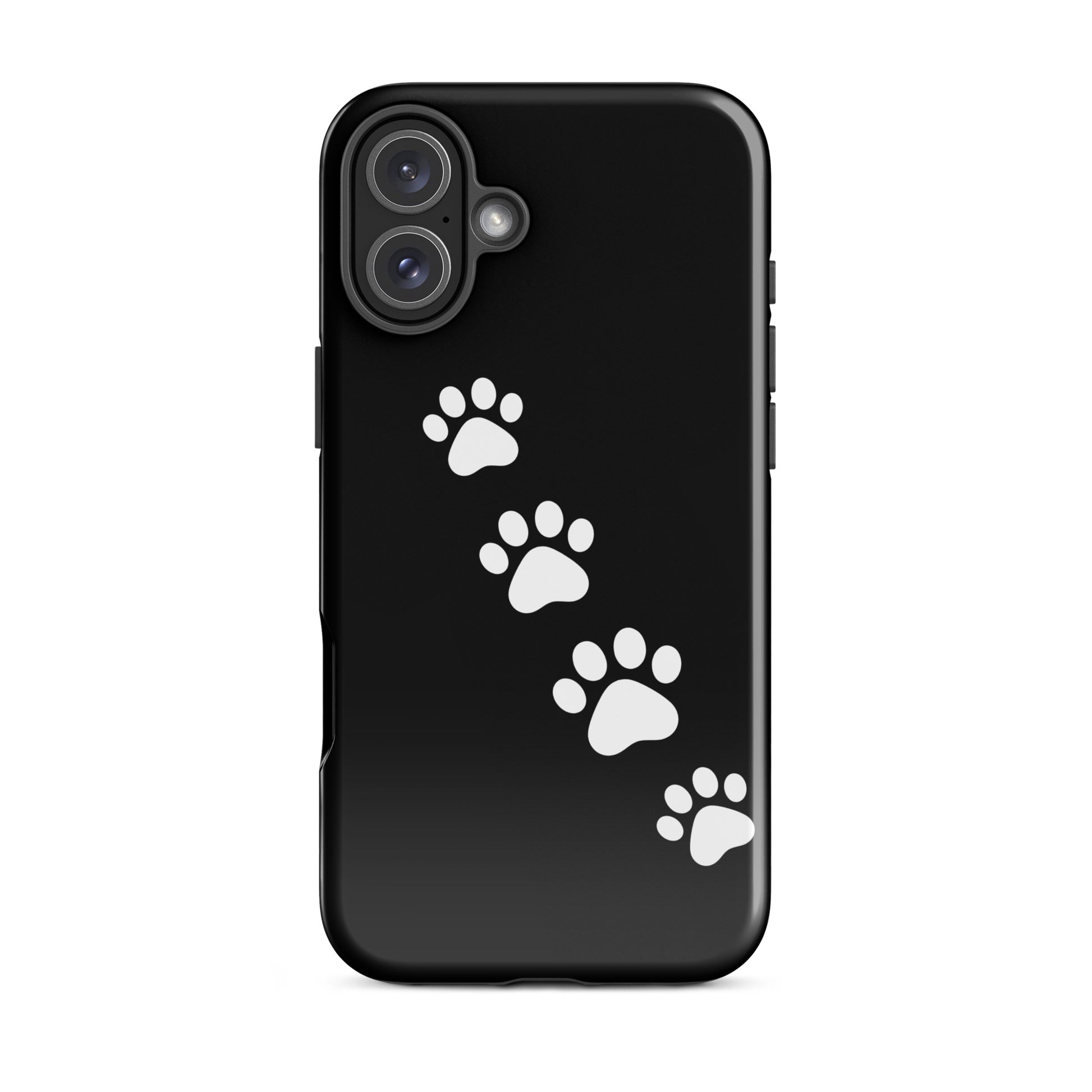 Phone case with white paw-print trail design on black background for pet lovers