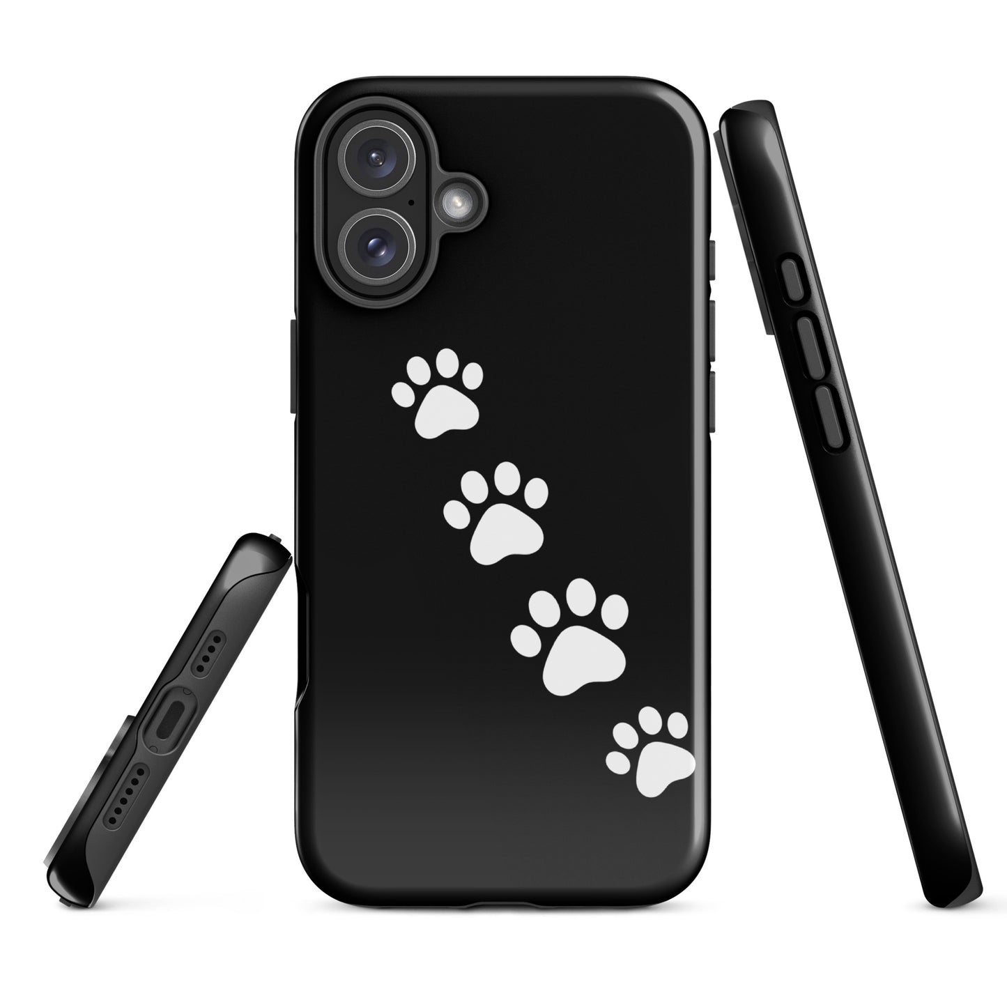 Phone case with white paw-print trail design for pet lovers, suitable for iPhone with sleek black background.