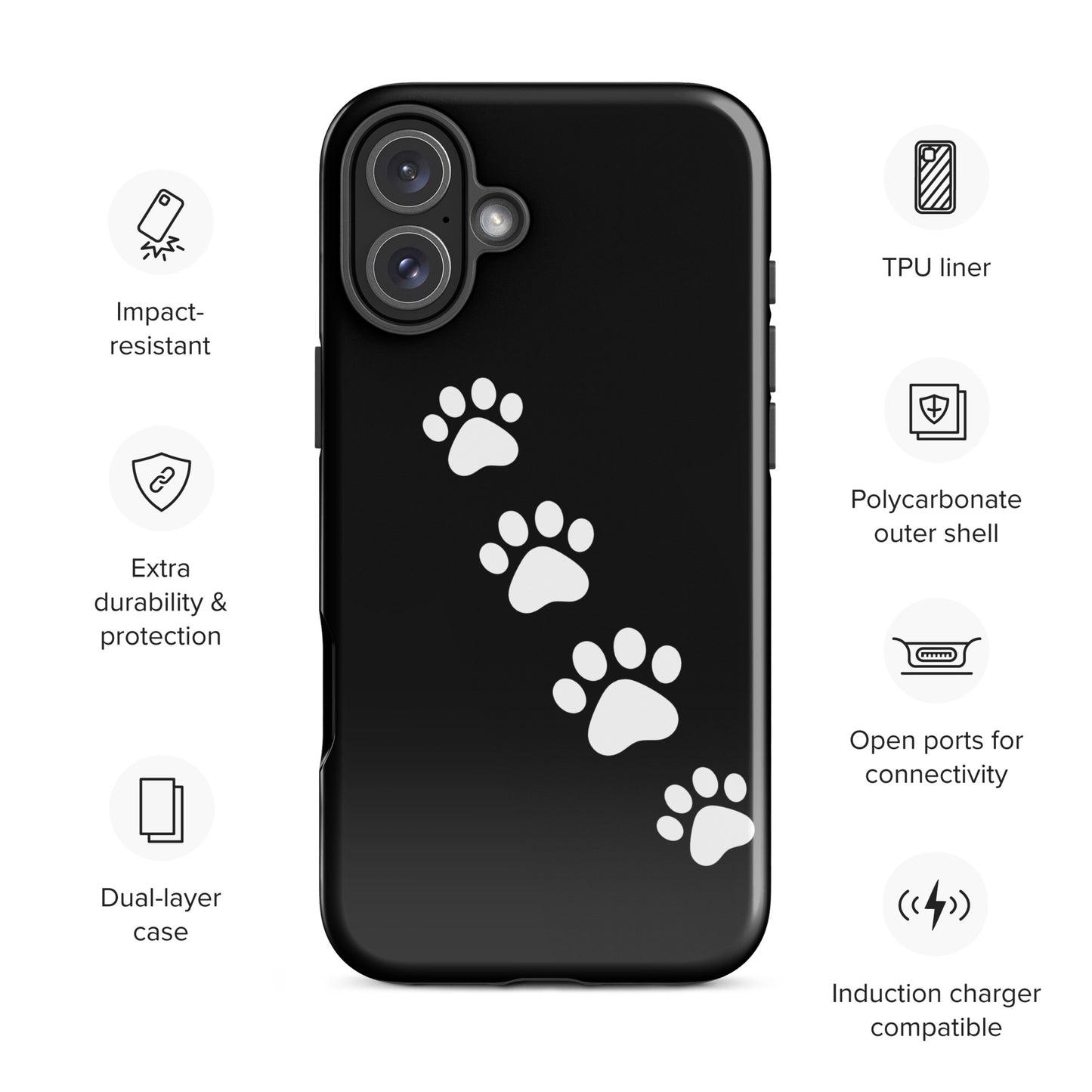 Phone case with paw-print trail design for iPhone, featuring white paw prints on sleek black background, ideal for pet lovers.