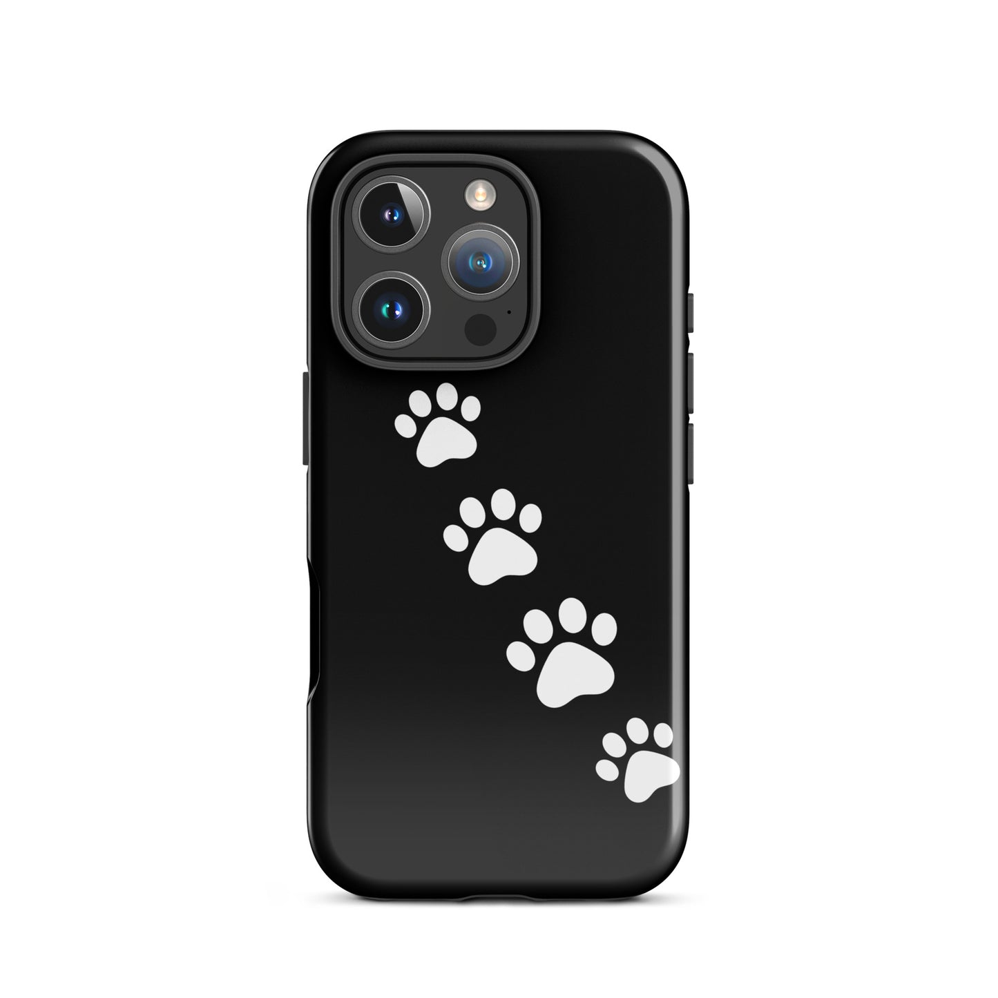 Phone case for iPhone featuring playful paw-print trail design on a sleek black background, perfect for pet lovers.
