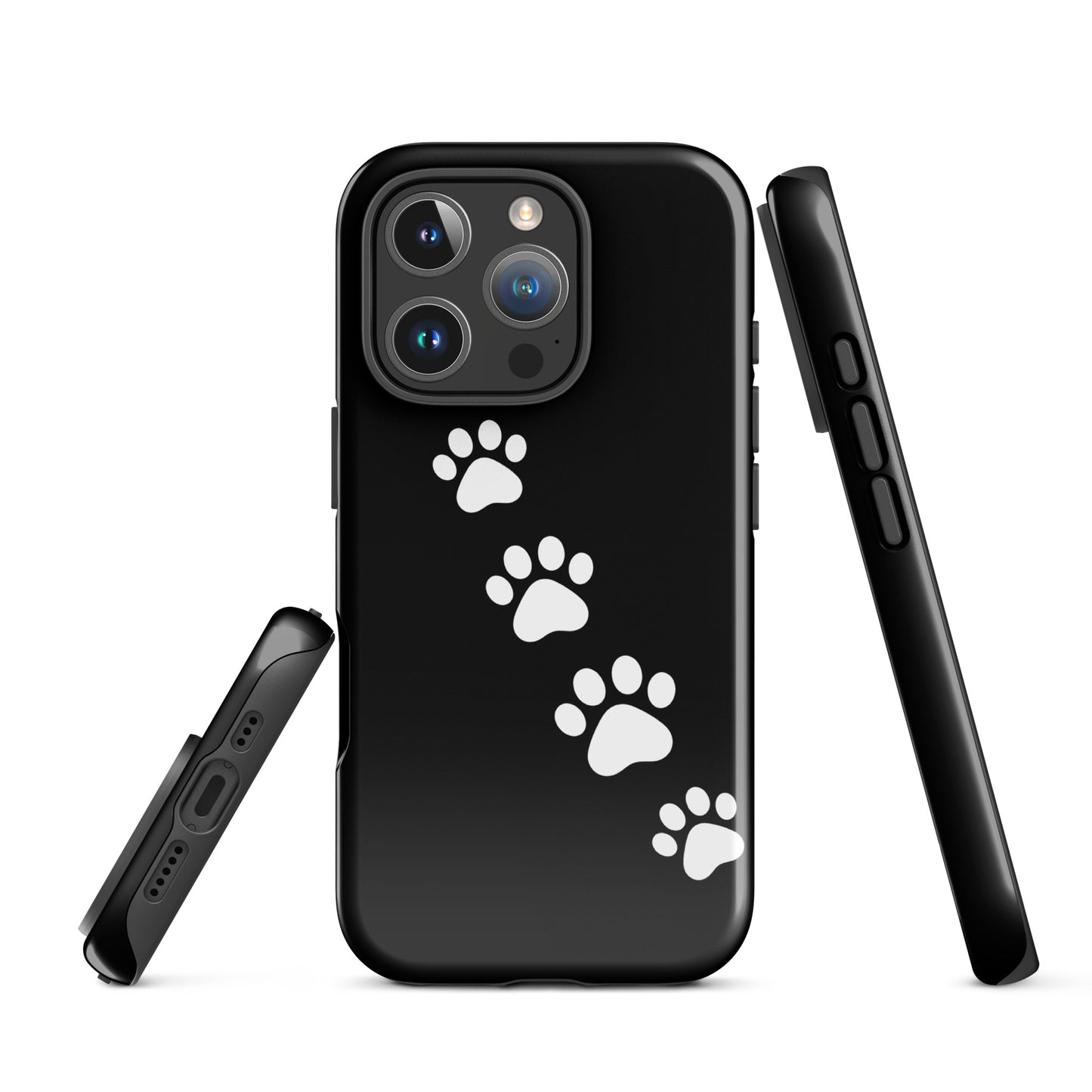 Phone case with paw-print trail design for iPhone, featuring white paw prints on a sleek black background for pet lovers.