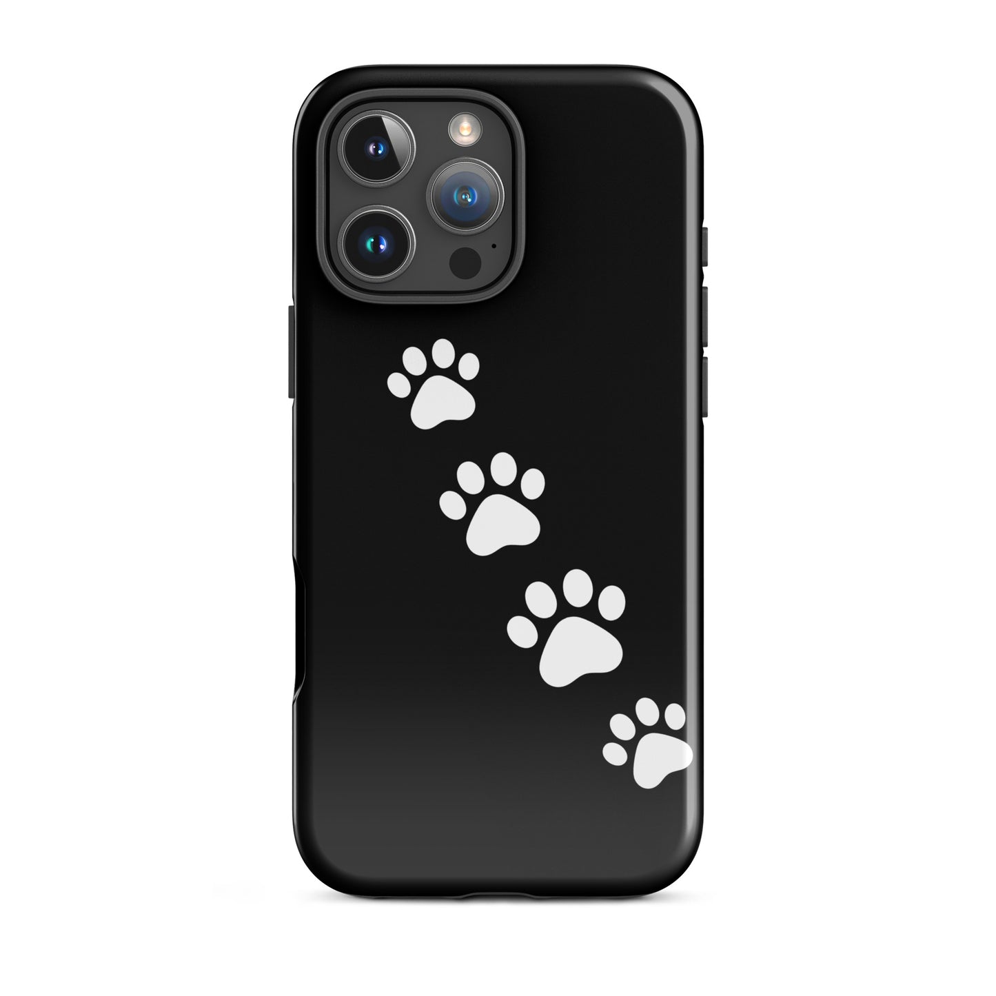 Phone case for iPhone with white paw-print trail design on a black background, ideal for pet lovers.