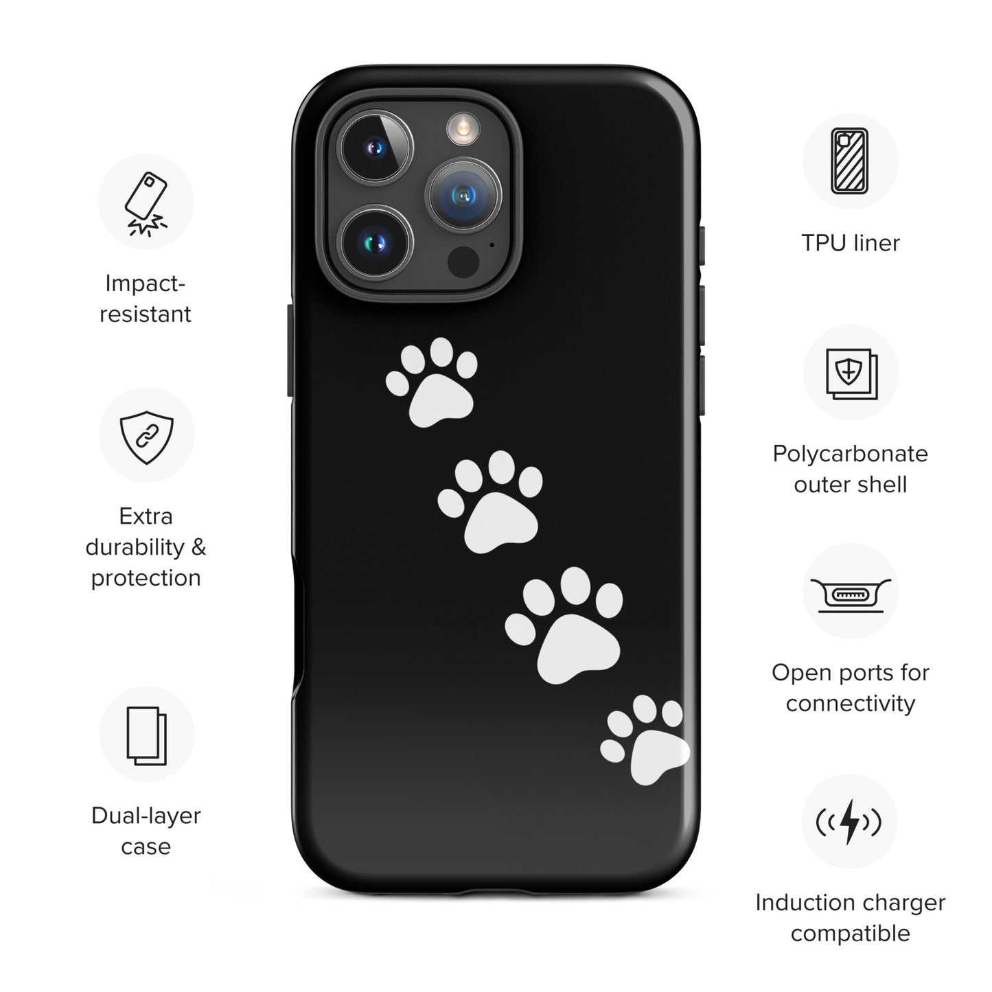 Phone case with paw-print trail for iPhone, durable polycarbonate, dual-layer protection, perfect for pet lovers, black with white paw prints.