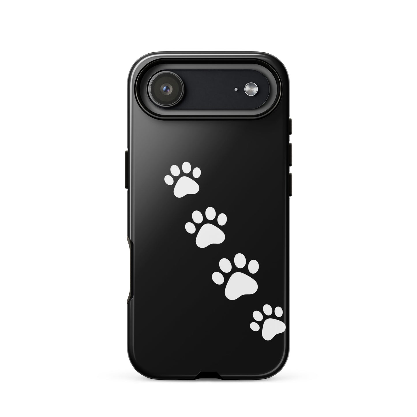 Phone case for iPhone with diagonal white paw-print trail design on black background, ideal for pet lovers seeking a modern style.