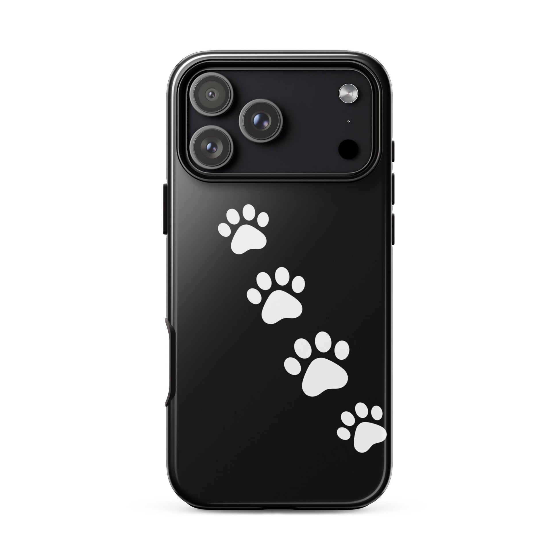 Phone case with white paw print trail design on black background for iPhone, ideal for playful pet lovers.